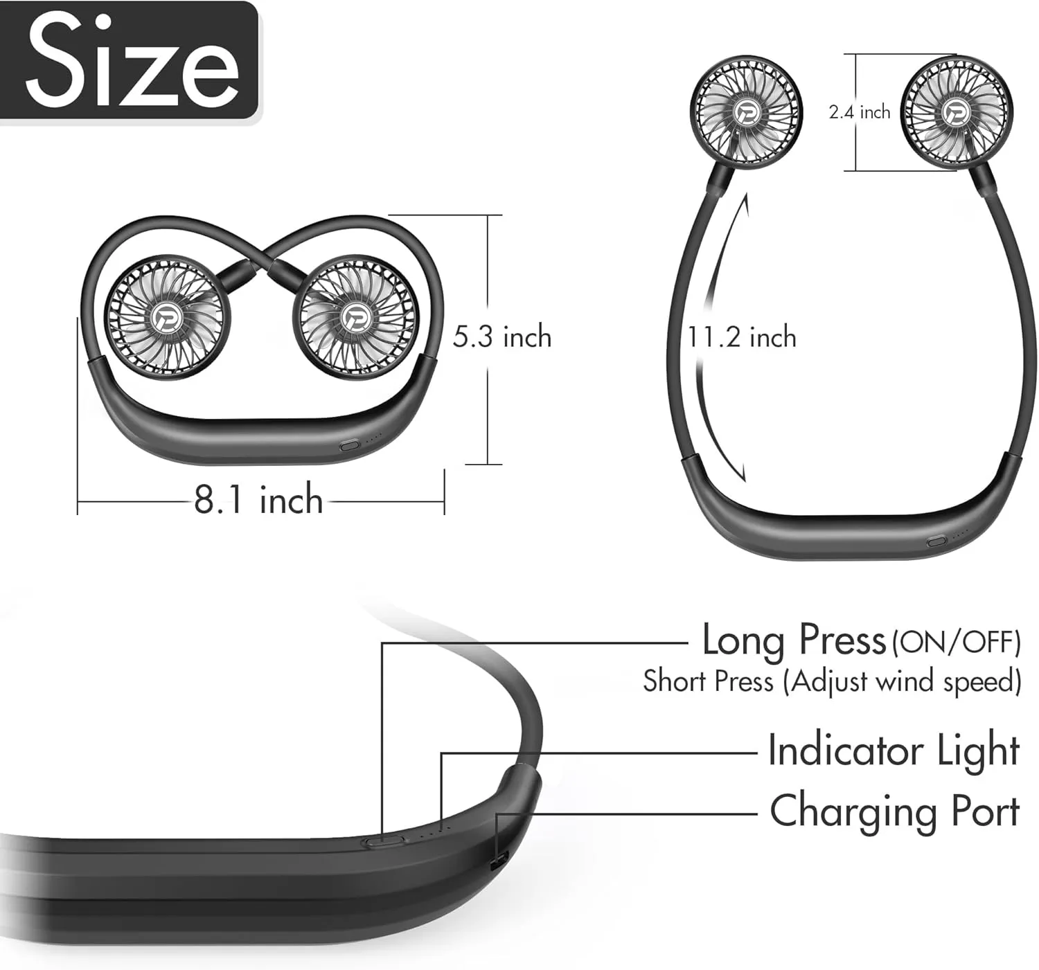 PANERGY Portable Neck Fan Rechargeable Hand Free Personal Fan Mini Wearable Battery Operated USB Fan for Men Women Kids Sport Work Travel