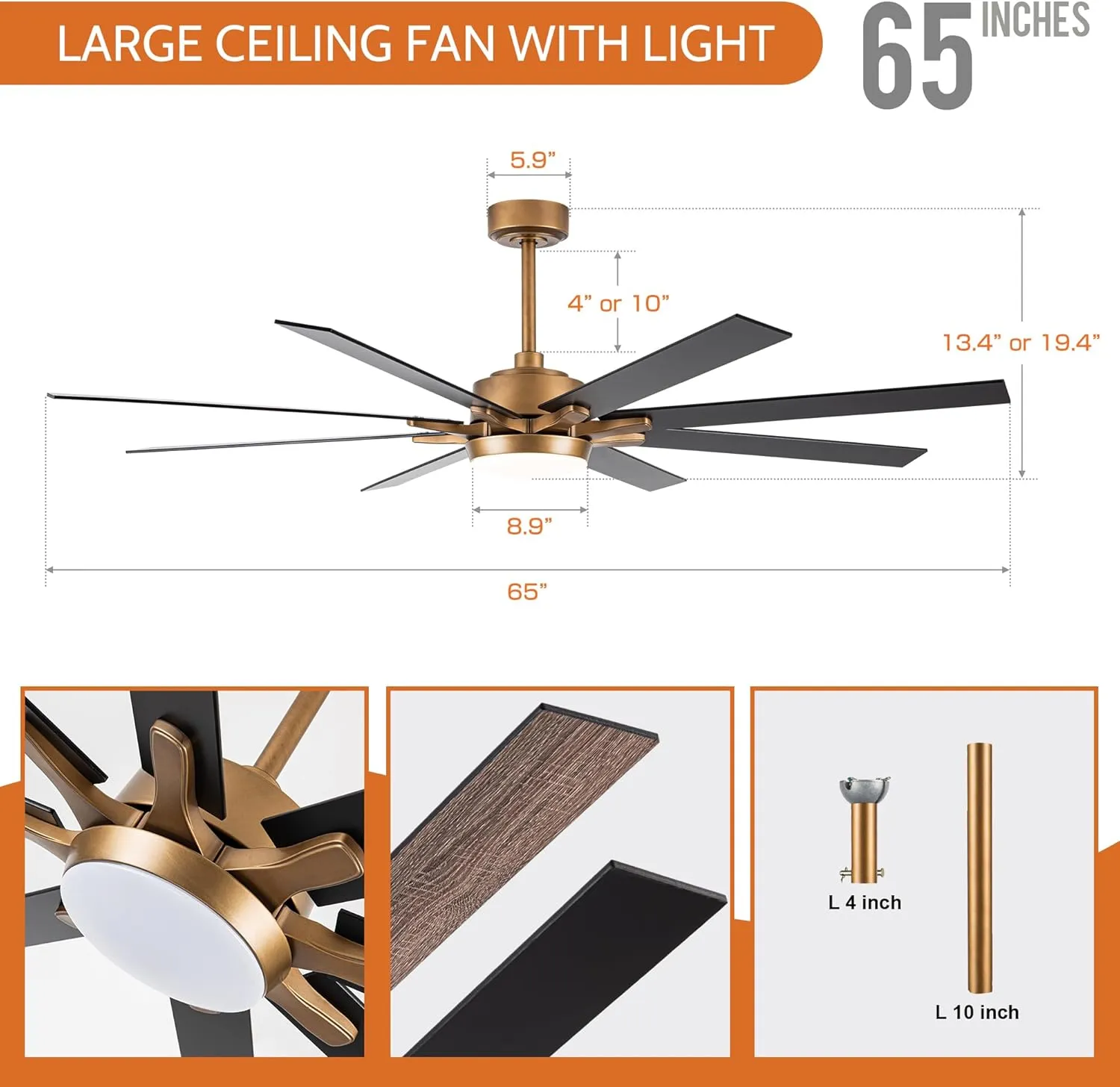 Parrot Uncle Ceiling Fans with Lights and Remote 65 Inch Black Ceiling Fan with LED Light Large Outdoor Ceiling Fans for Patios Covered, Antique Gold