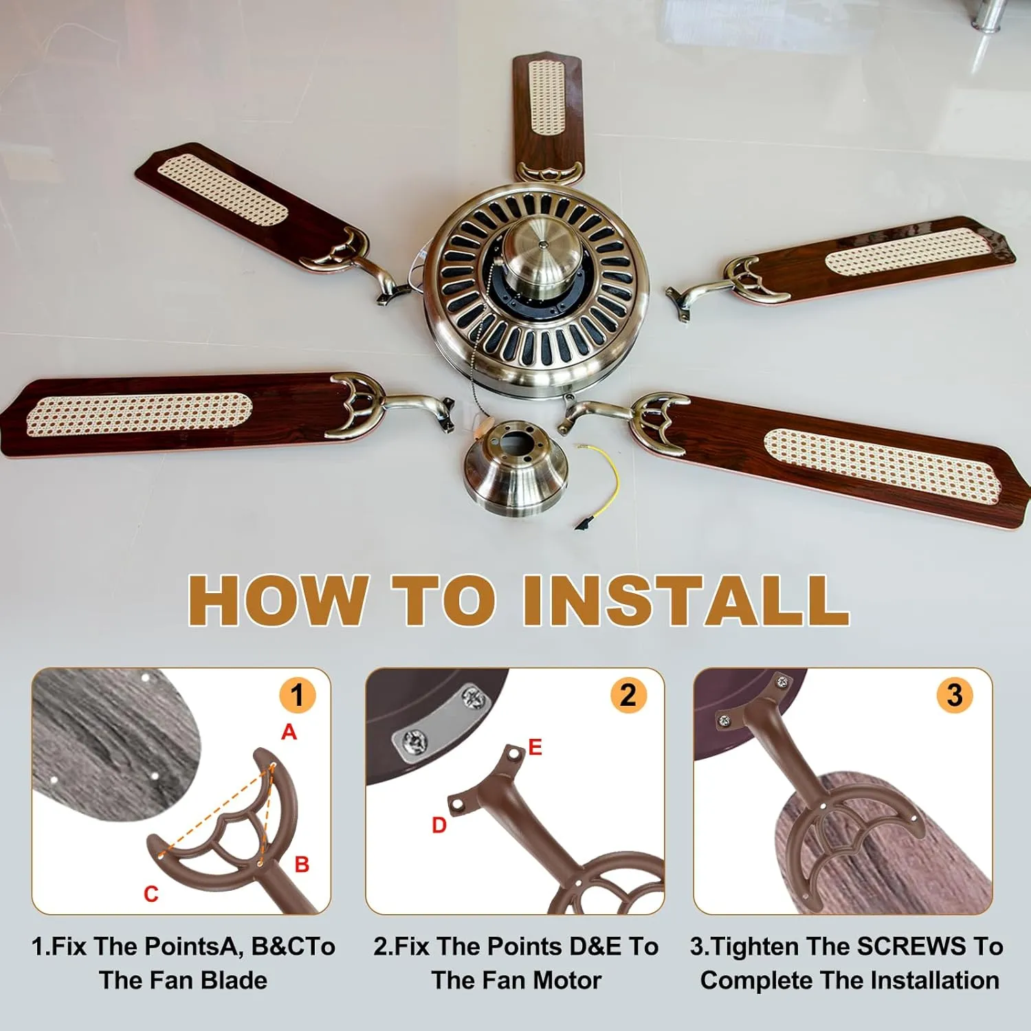 PATIKIL Ceiling Fan Blades Arms Replacement, 4 Pcs 52" Fan Blade Replacement Parts Mounting Bracket Kit for Replacing the Worn Fan Blades, Coffee