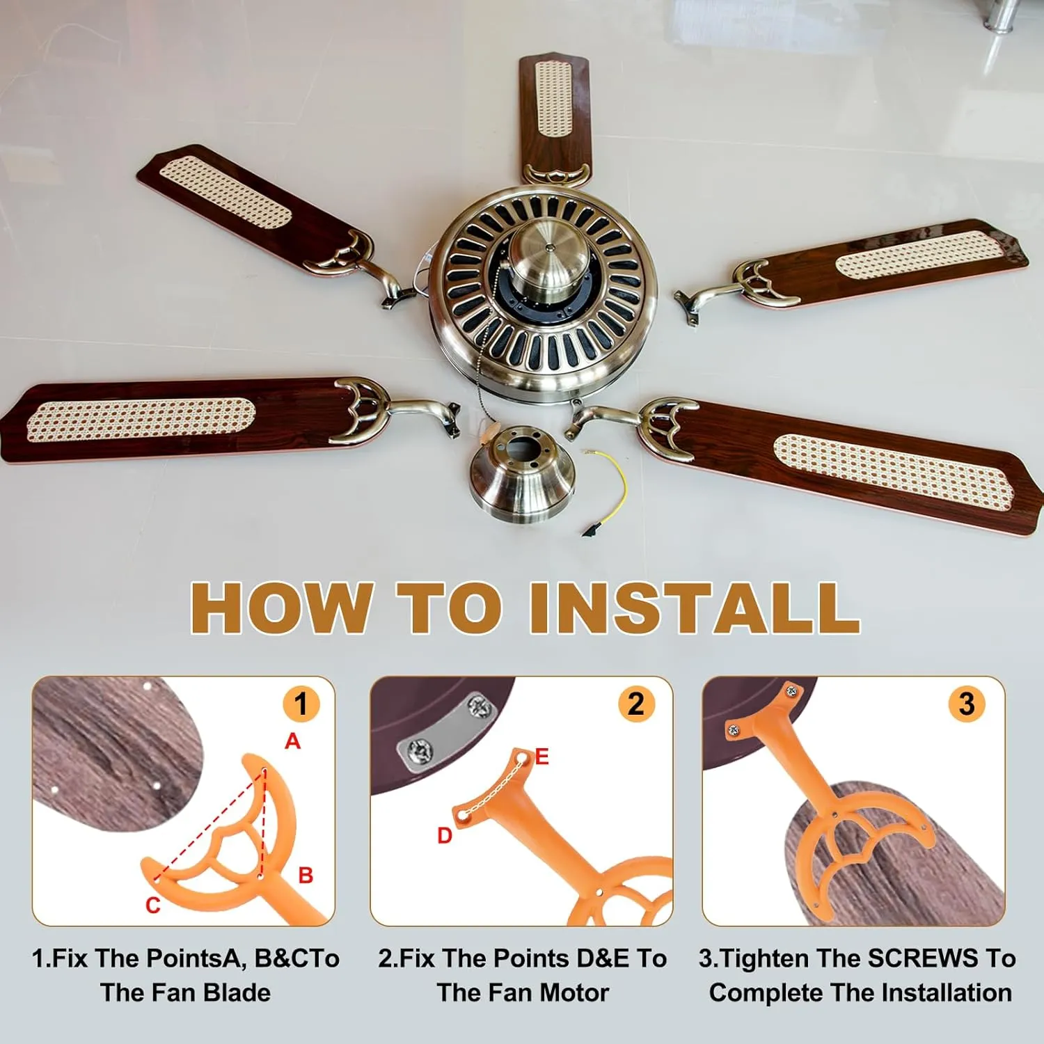 PATIKIL Ceiling Fan Blades Arms Replacement, 4 Pcs 52" Fan Blade Replacement Parts Mounting Bracket Kit for Replacing the Worn Fan Blades, Dark Orange
