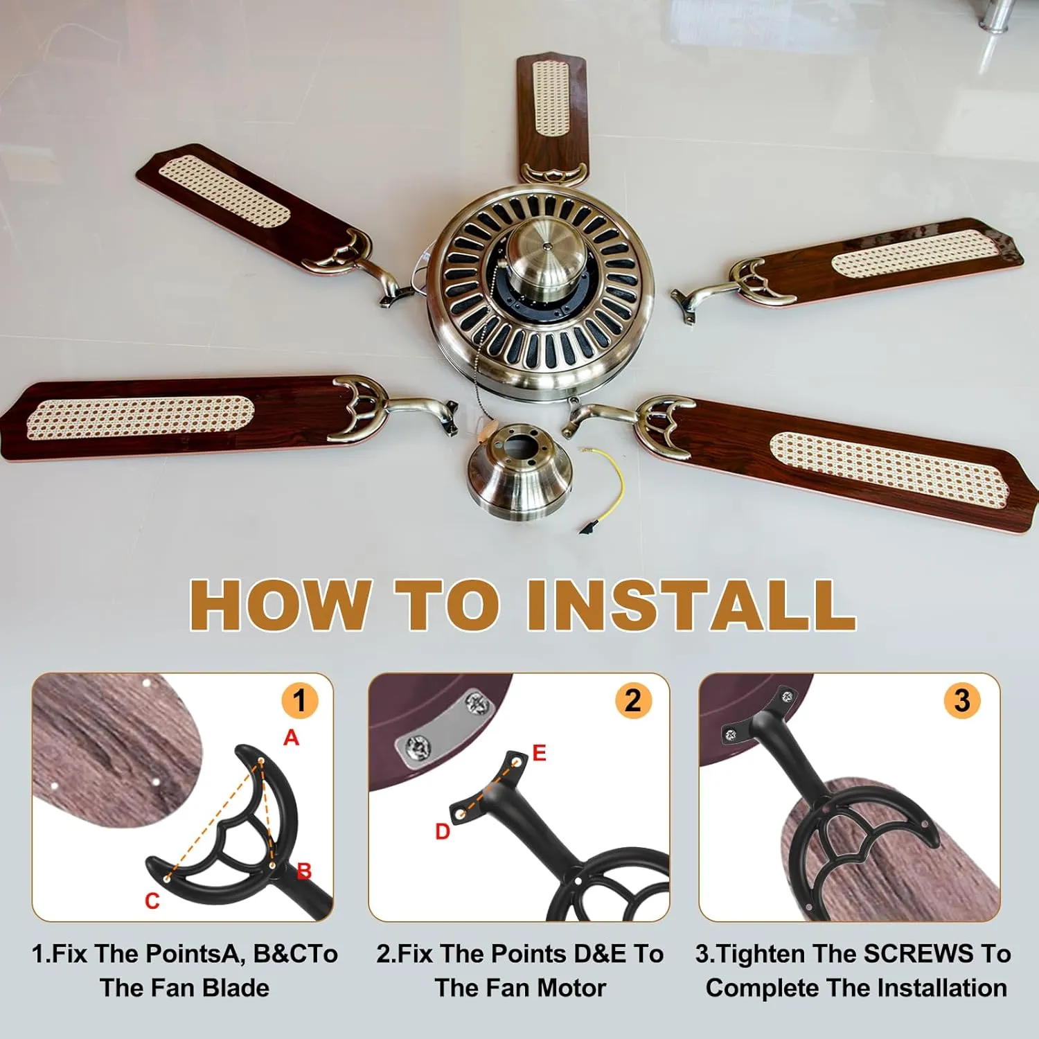 PATIKIL Ceiling Fan Replacement Kit - 4 Pcs 52" Blades Arms With Mounting Bracket for Replacing Worn Fan Parts, Black