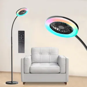 Pedestal Fan for Bedroom, Floor Lamp with Fan RGB 18w/1500lm , 3-Speed Stand Fan Stepless Adjustable 3000K-6000K Color and Dimmer, Remote and Button Control, Adjustable Gooseneck Gloor Lamp (Black) Tower bladeless fan for modern homes