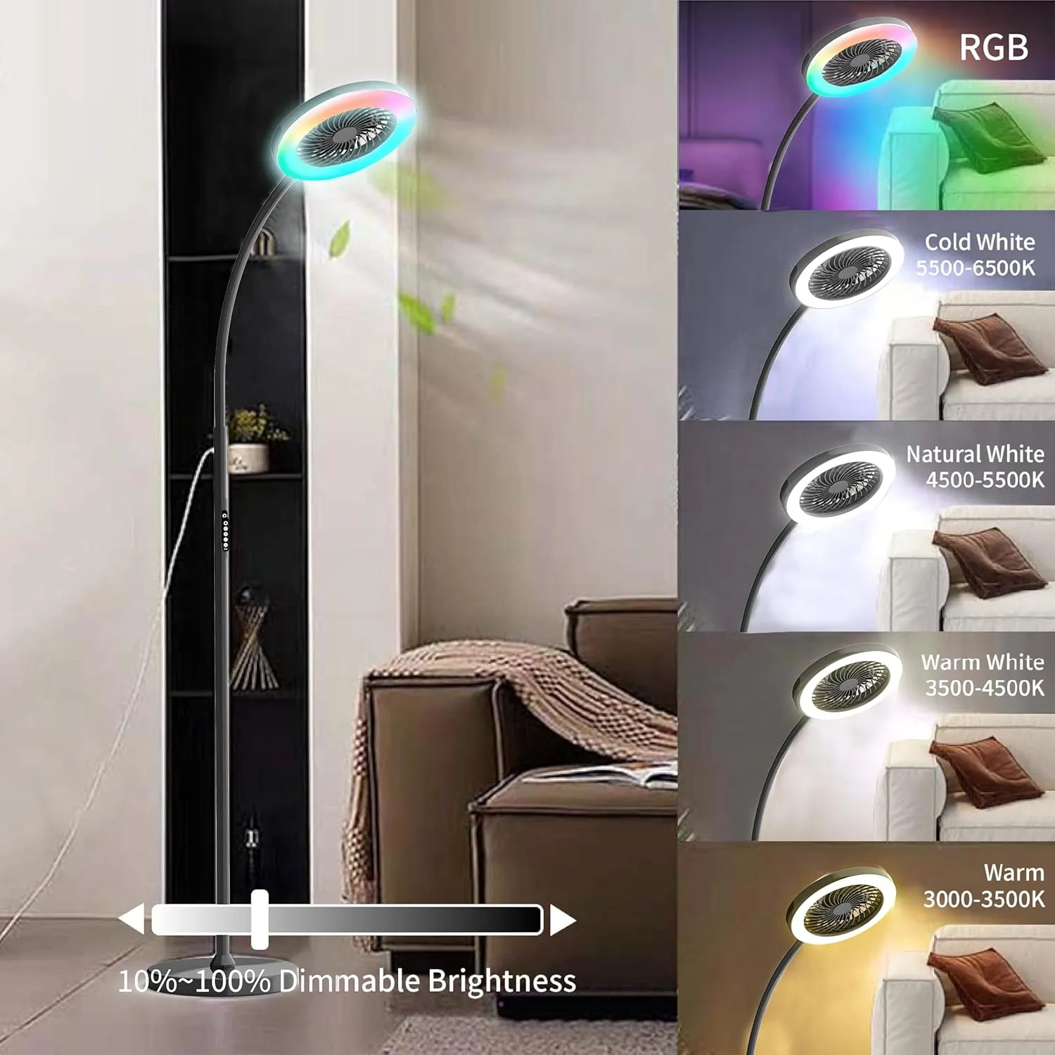 Pedestal Fan for Bedroom, Floor Lamp with Fan RGB 18w/1500lm , 3-Speed Stand Fan Stepless Adjustable 3000K-6000K Color and Dimmer, Remote and Button Control, Adjustable Gooseneck Gloor Lamp (Black)