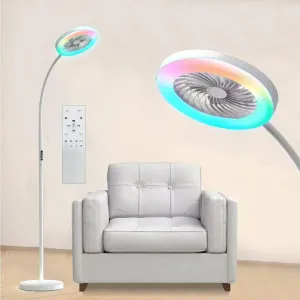 Pedestal Fan for Bedroom, Floor Lamp with Fan RGB 18w/1500lm, 3-Speed Stand Fan Stepless Adjustable 3000K-6000K Color and Dimmer, Remote and Button Control, Adjustable Gooseneck Gloor Lamp Tower bladeless fan for modern homes