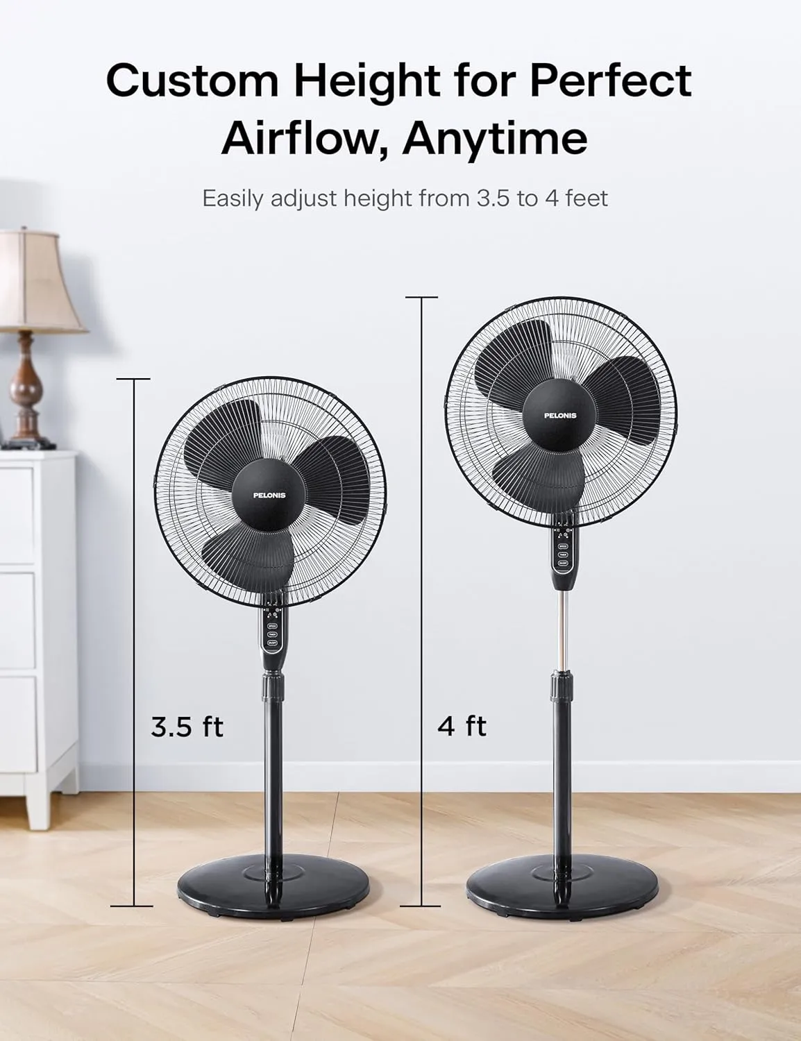 PELONIS 16'' Pedestal Fan for Bedoom, Remote, Standing Fan with 7-Hour Timer, 90 Oscillation, 3-Speeds, Adjustable Height, Electric Cooling Fans for Living Room and Office