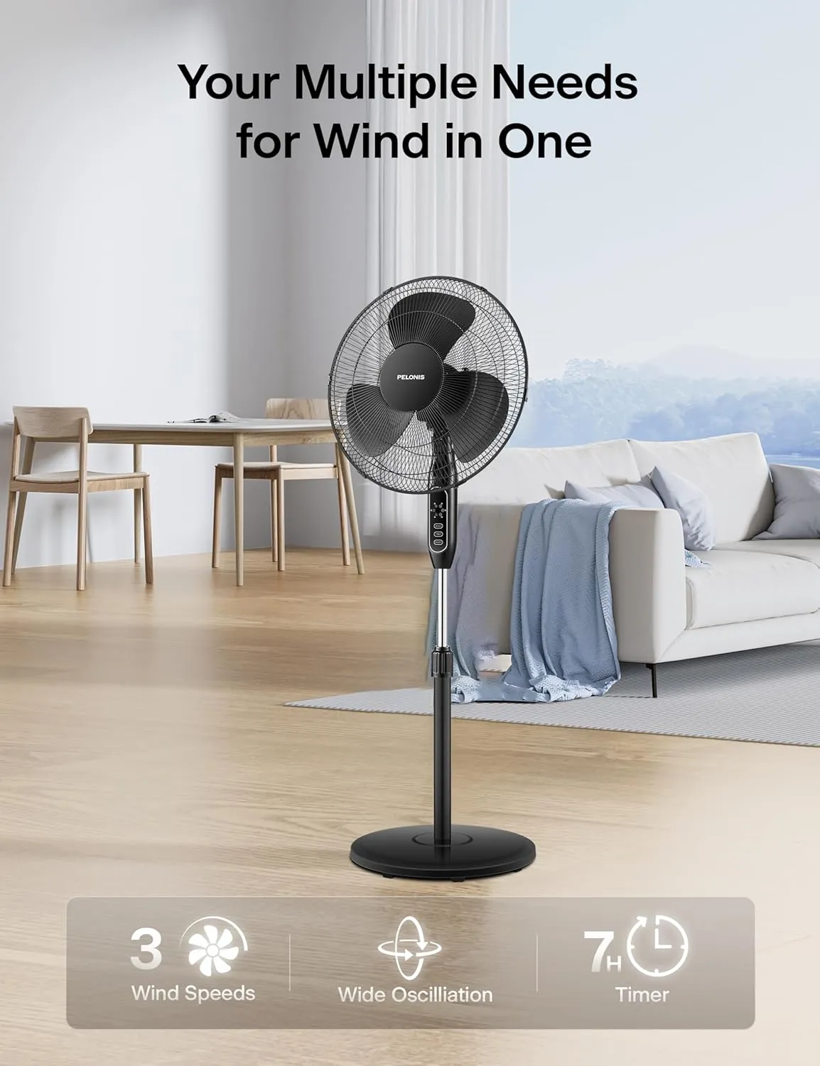 PELONIS 16'' Pedestal Fan for Bedoom, Remote, Standing Fan with 7-Hour Timer, 90 Oscillation, 3-Speeds, Adjustable Height, Electric Cooling Fans for Living Room and Office