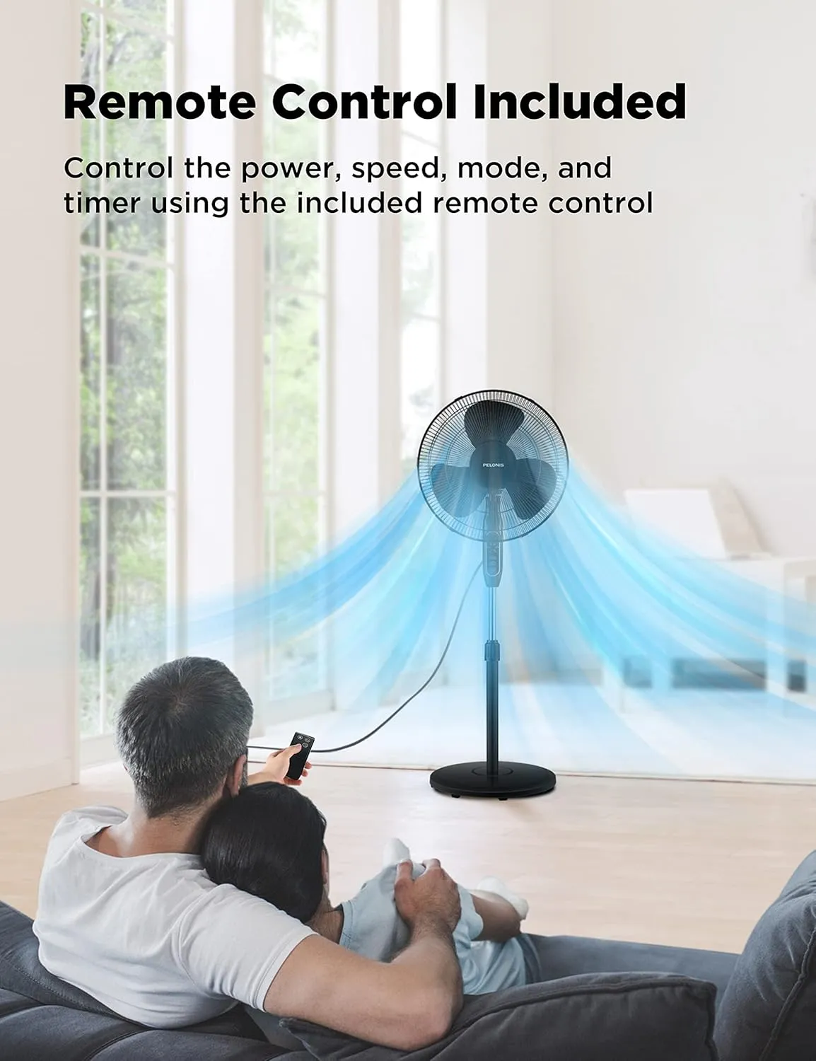 PELONIS 16'' Pedestal Fan for Bedoom, Remote, Standing Fan with 7-Hour Timer, 90 Oscillation, 3-Speeds, Adjustable Height, Electric Cooling Fans for Living Room and Office