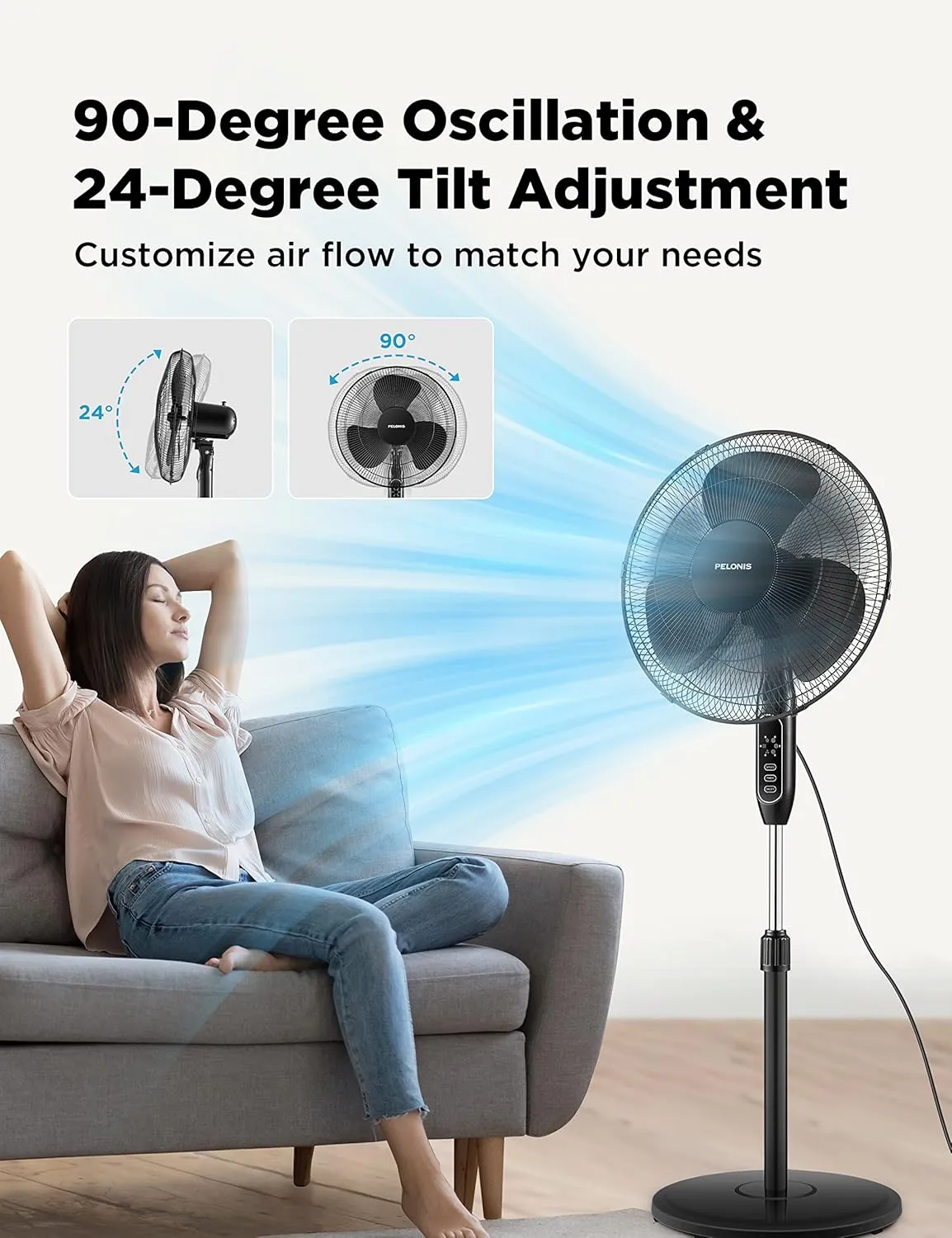 PELONIS 16'' Pedestal Fan for Bedoom, Remote, Standing Fan with 7-Hour Timer, 90 Oscillation, 3-Speeds, Adjustable Height, Electric Cooling Fans for Living Room and Office