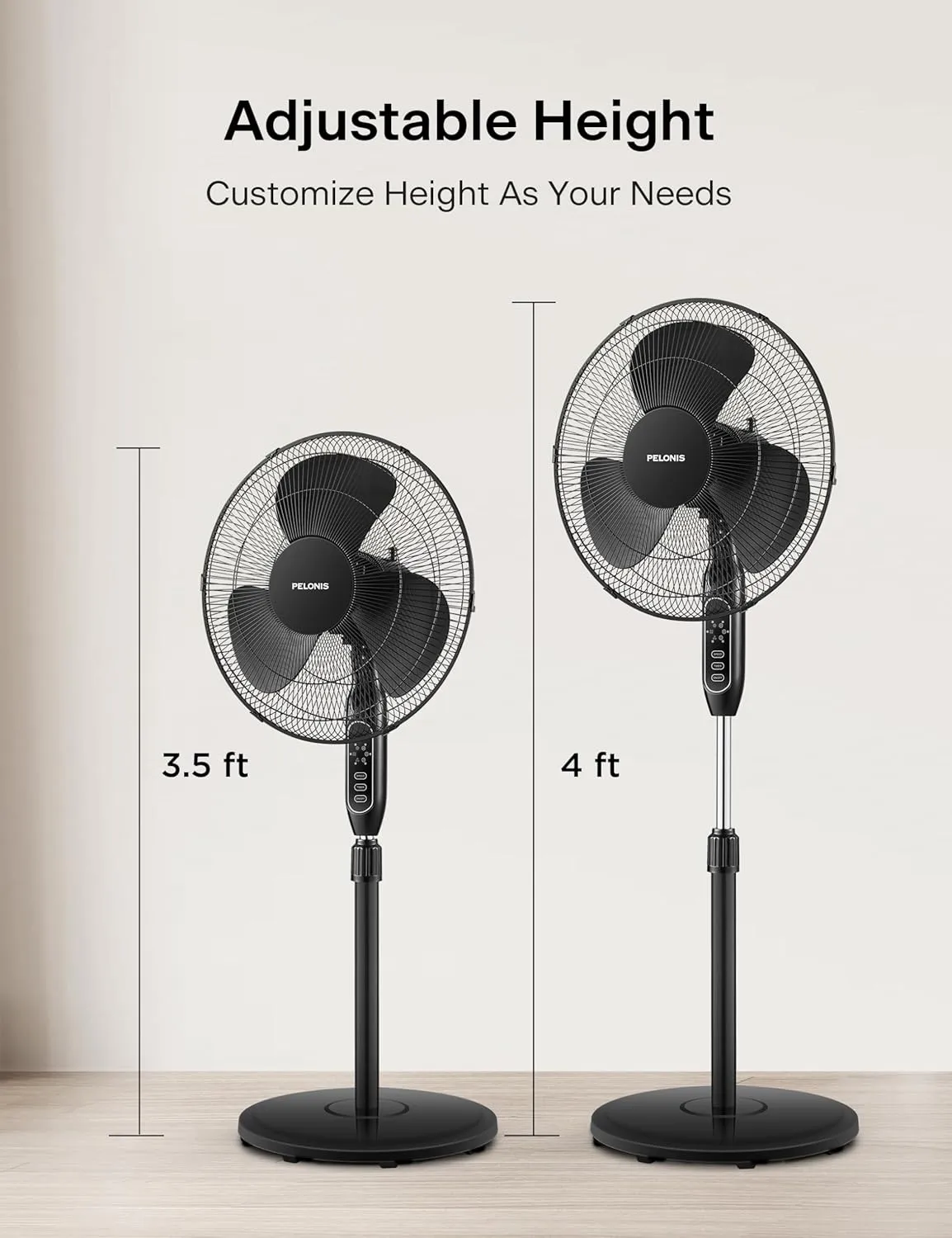 PELONIS 16'' Pedestal Fan for Bedoom, Remote, Standing Fan with 7-Hour Timer, 90 Oscillation, 3-Speeds, Adjustable Height, Electric Cooling Fans for Living Room and Office
