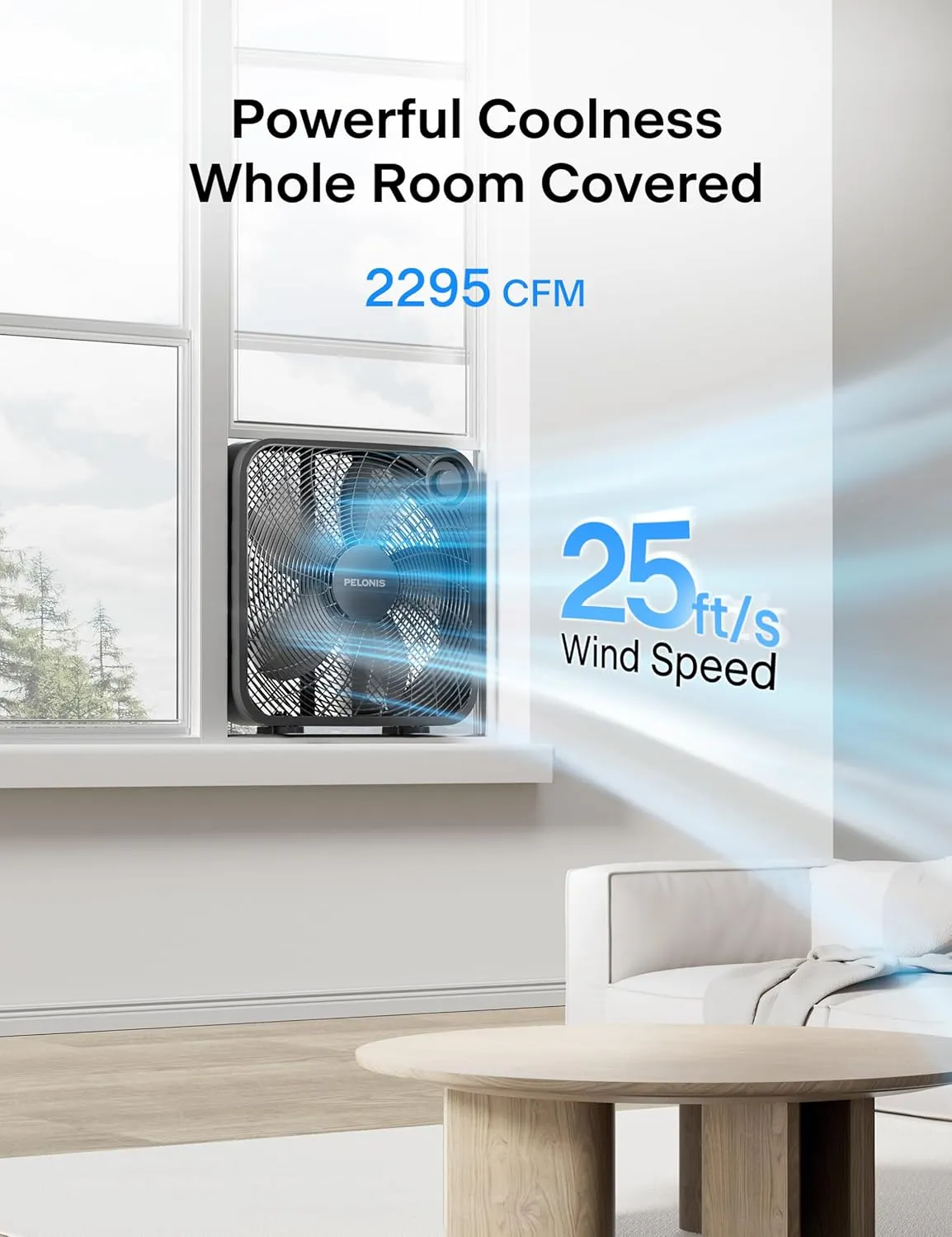 PELONIS 20 Inch Box Fan  3 Speeds, 25ft/s, Floor Fans, Superior Air Throw (2295 CFM), Lightweight, 5 Blades, Portable & Durable for Bedroom, Office, Living Room, Garage