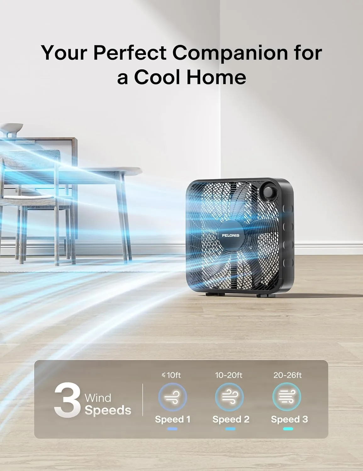 PELONIS 20 Inch Box Fan  3 Speeds, 25ft/s, Floor Fans, Superior Air Throw (2295 CFM), Lightweight, 5 Blades, Portable & Durable for Bedroom, Office, Living Room, Garage
