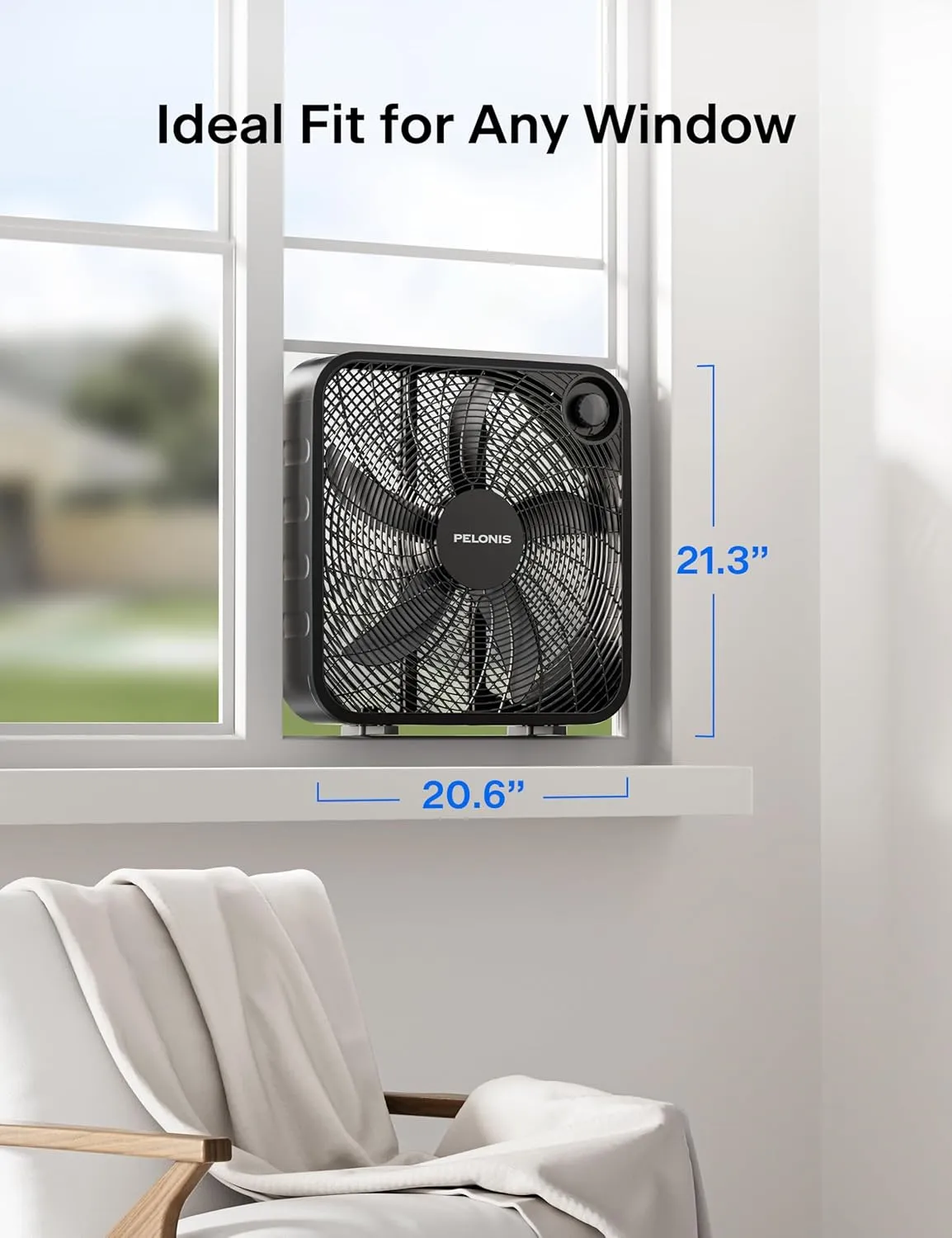 PELONIS 20 Inch Box Fan  3 Speeds, 25ft/s, Floor Fans, Superior Air Throw (2295 CFM), Lightweight, 5 Blades, Portable & Durable for Bedroom, Office, Living Room, Garage