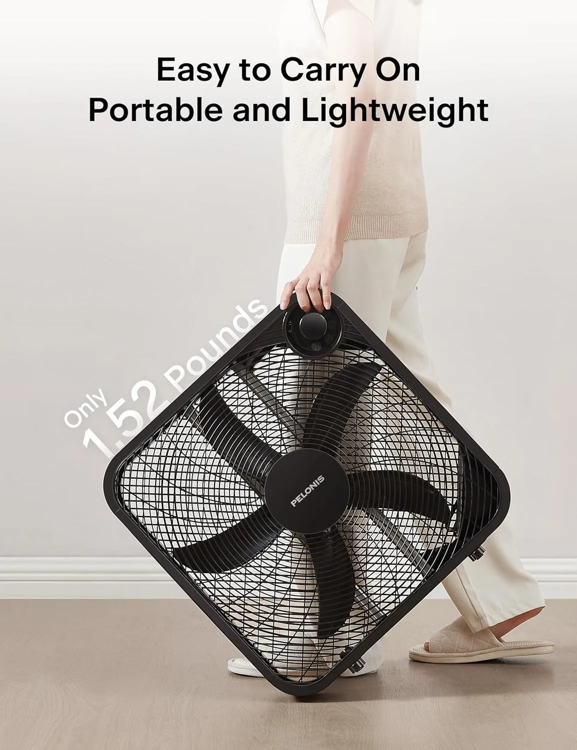 PELONIS 20 Inch Box Fan  3 Speeds, 25ft/s, Floor Fans, Superior Air Throw (2295 CFM), Lightweight, 5 Blades, Portable & Durable for Bedroom, Office, Living Room, Garage