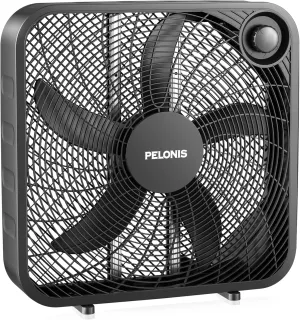 PELONIS 20 Inch Box Fan  3 Speeds, 25ft/s, Floor Fans, Superior Air Throw (2295 CFM), Lightweight, 5 Blades, Portable & Durable for Bedroom, Office, Living Room, Garage Battery-powered portable fan