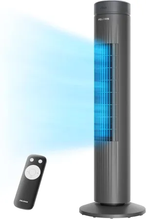 Pelonis 30-Inch Oscillating Tower Fan for Bedroom  3 Speed, 37dB Quiet Tower Fan with Remote Control and 7-Hour Timer  ETL Certified, Grey Tower bladeless fan for modern homes
