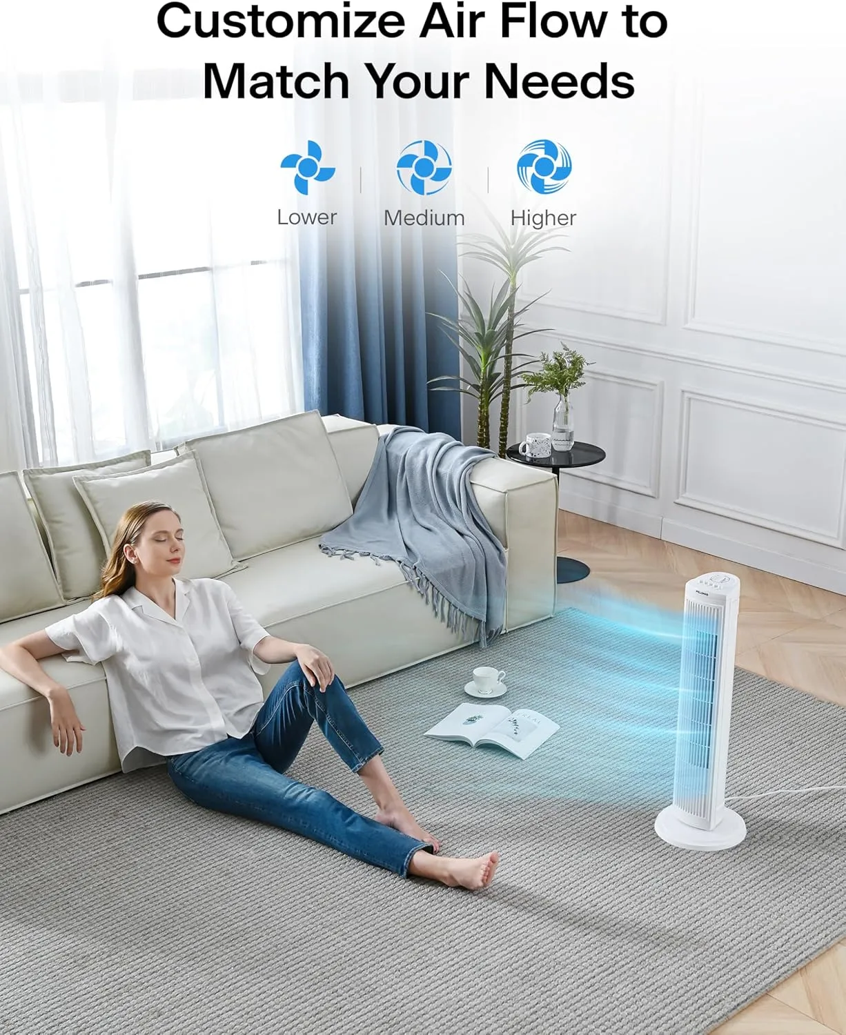 PELONIS 30" Tower Fan for Bedroom, Standing Fan with 3 Speeds, 90 Oscillation, Small Fan with 120-Min Auto Timer, 1-Year Warranty, White
