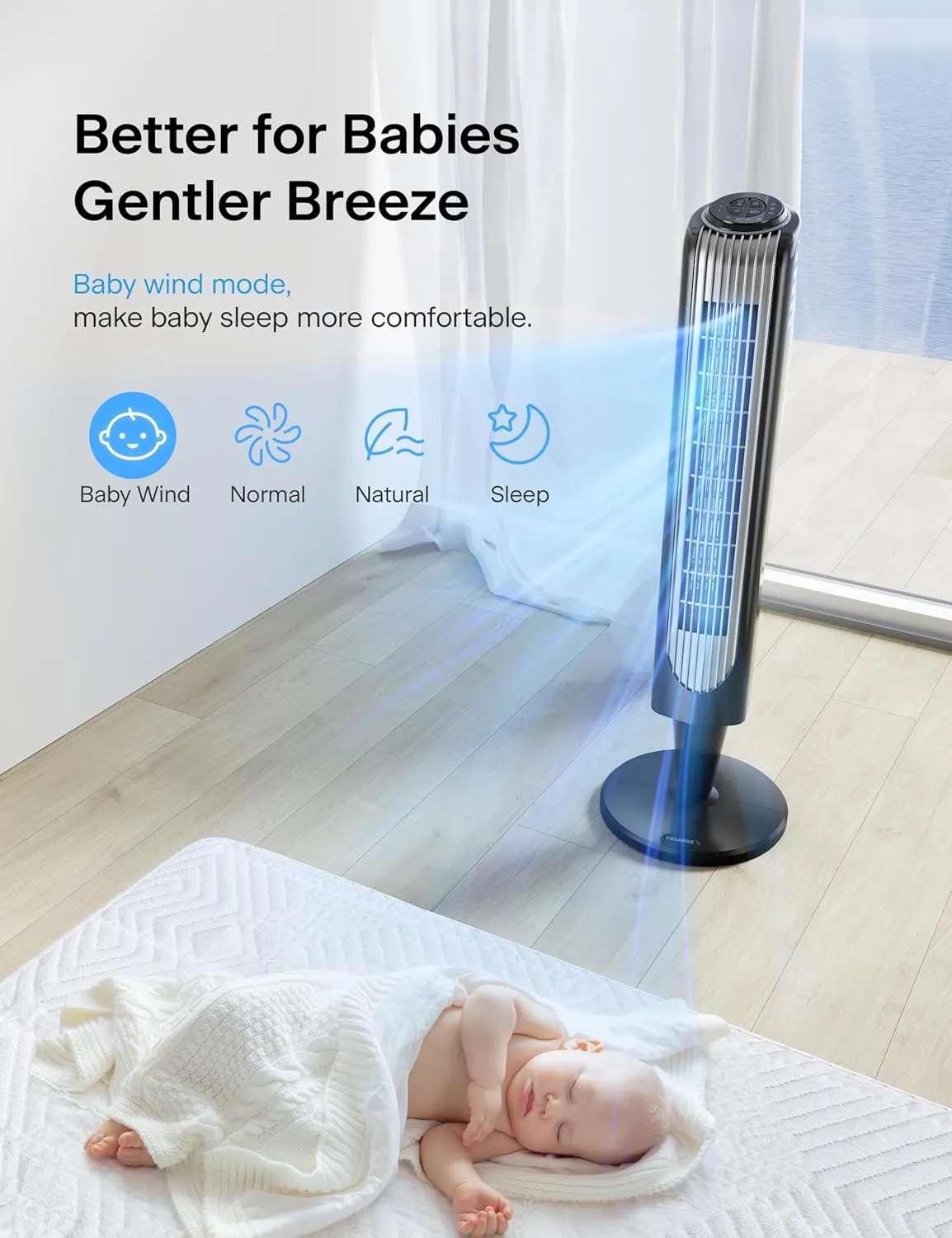 PELONIS 36-Inch Tower Fan for Bedroom  Oscillating Tower Fan with Remote Control  Indoor Quiet Fan with 3 Speeds, 4 Modes and 15-Hour Timer  ETL Certified