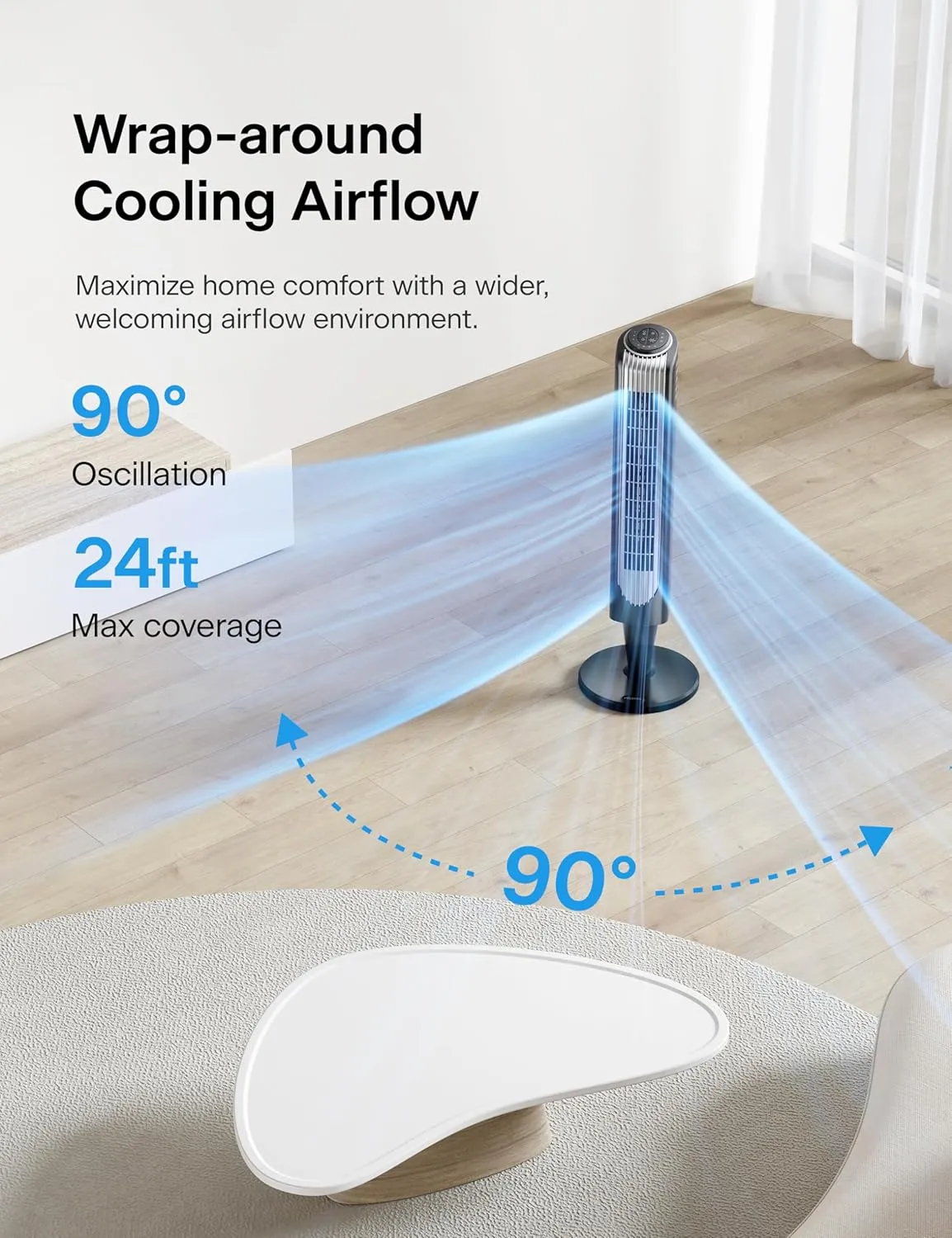 PELONIS 36-Inch Tower Fan for Bedroom  Oscillating Tower Fan with Remote Control  Indoor Quiet Fan with 3 Speeds, 4 Modes and 15-Hour Timer  ETL Certified