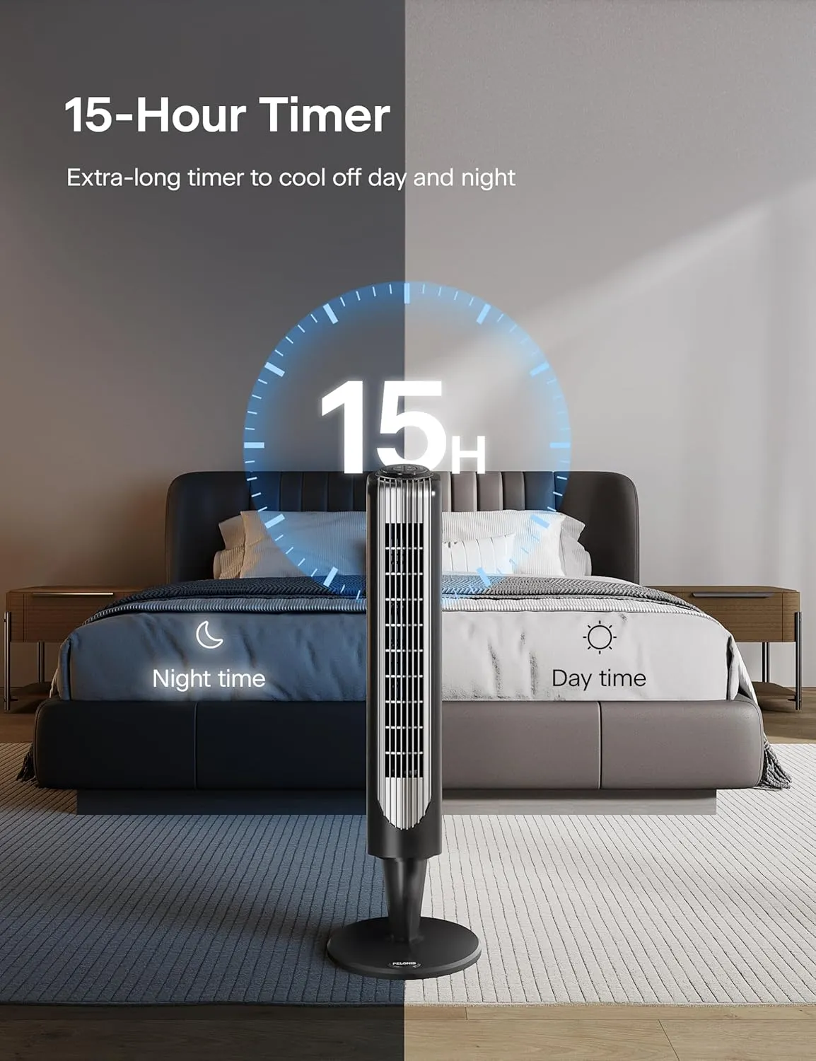 PELONIS 36-Inch Tower Fan for Bedroom  Oscillating Tower Fan with Remote Control  Indoor Quiet Fan with 3 Speeds, 4 Modes and 15-Hour Timer  ETL Certified