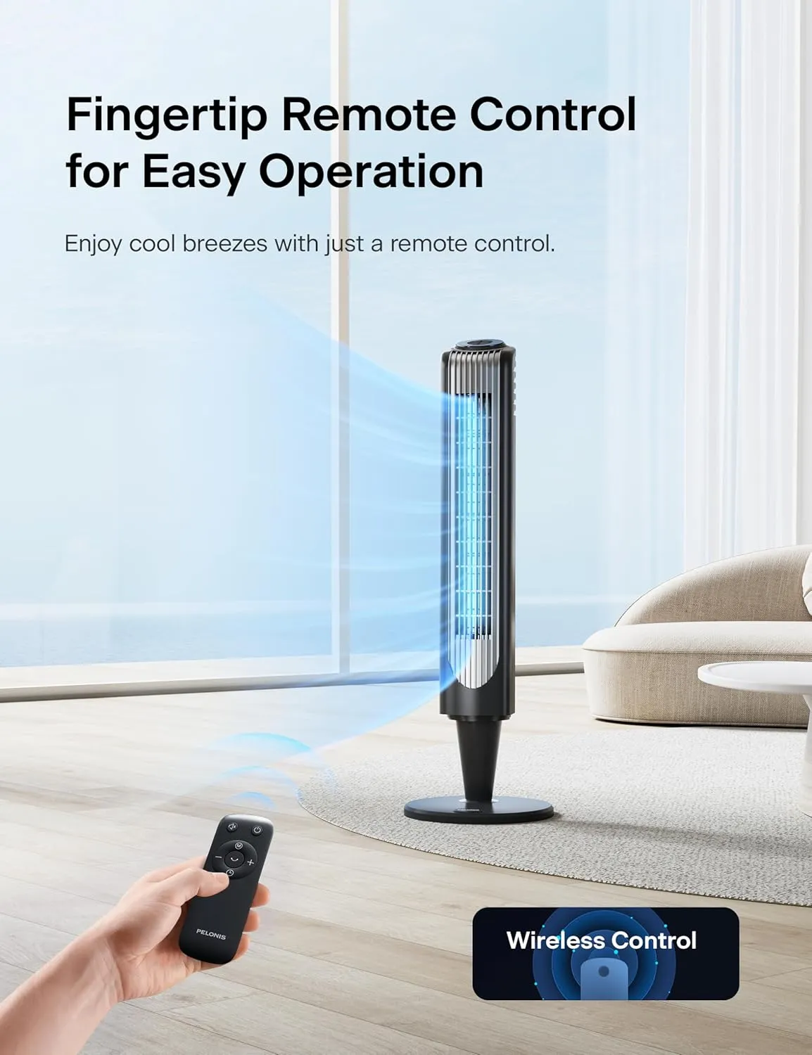 PELONIS 36-Inch Tower Fan for Bedroom  Oscillating Tower Fan with Remote Control  Indoor Quiet Fan with 3 Speeds, 4 Modes and 15-Hour Timer  ETL Certified