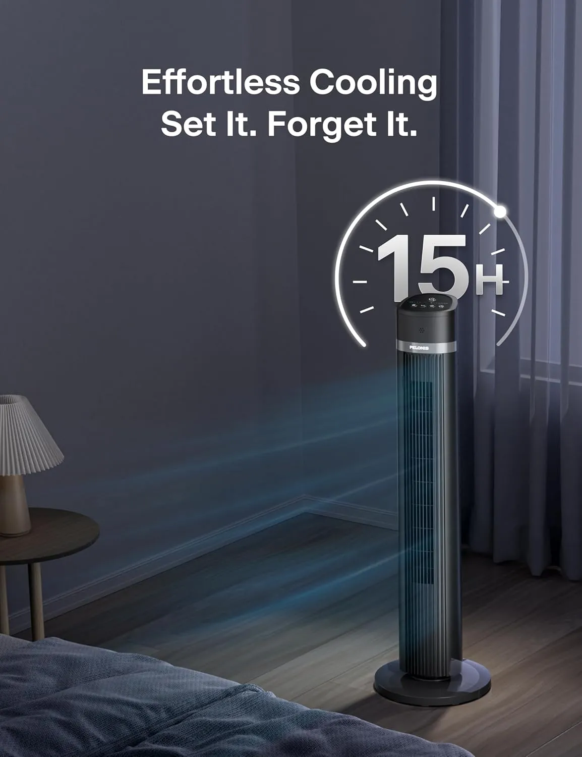 PELONIS 40 inch Bladeless Tower Fan for Bedroom, Standing Fan with Remote Control, 26ft/s, 90 Oscillation, 3 Speed Settings, 27 Db, 3 Modes, 15-Hour Timer, LED Display, Fan that Blows Cold Air, Grey