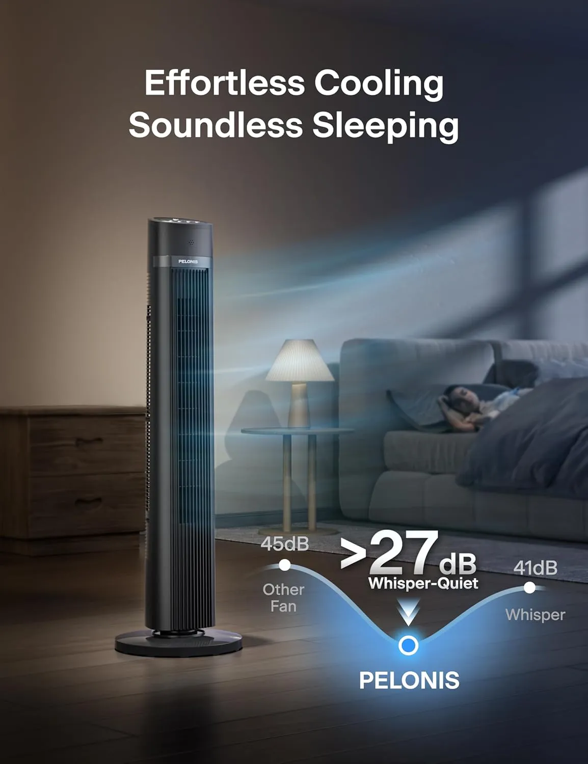 PELONIS 40 inch Bladeless Tower Fan for Bedroom, Standing Fan with Remote Control, 26ft/s, 90 Oscillation, 3 Speed Settings, 27 Db, 3 Modes, 15-Hour Timer, LED Display, Fan that Blows Cold Air, Grey