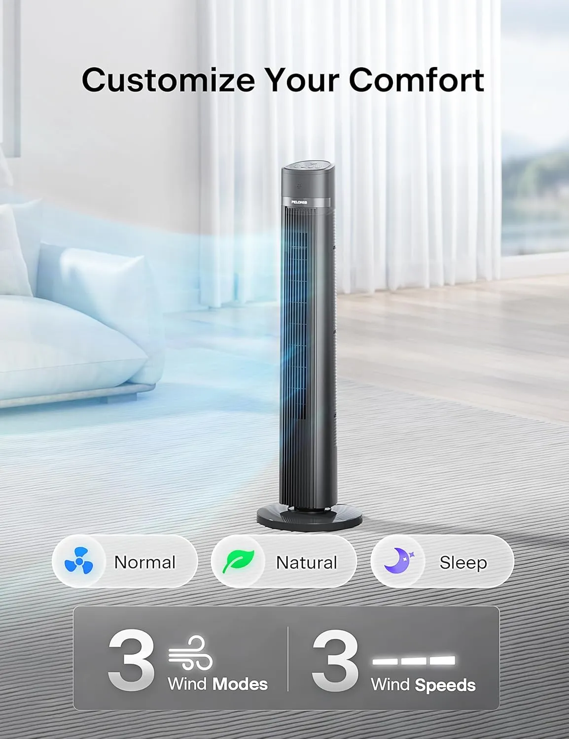 PELONIS 40 inch Bladeless Tower Fan for Bedroom, Standing Fan with Remote Control, 26ft/s, 90 Oscillation, 3 Speed Settings, 27 Db, 3 Modes, 15-Hour Timer, LED Display, Fan that Blows Cold Air, Grey