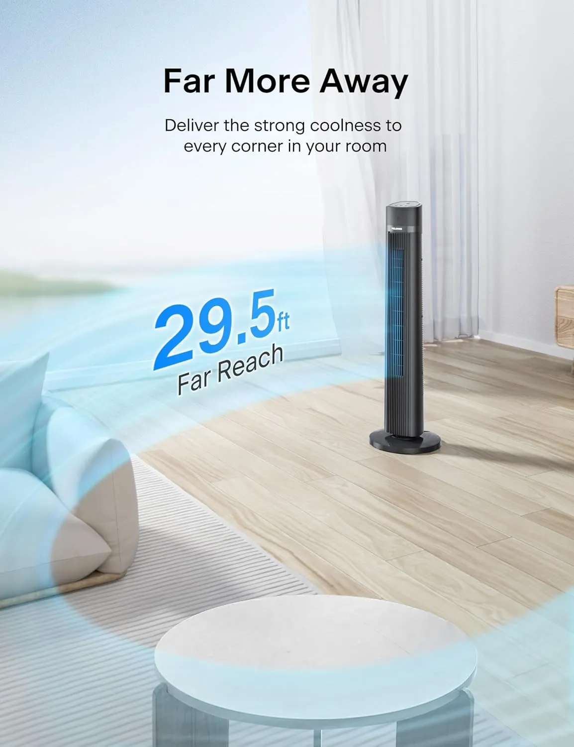 PELONIS 40 inch Bladeless Tower Fan for Bedroom, Standing Fan with Remote Control, 26ft/s, 90 Oscillation, 3 Speed Settings, 27 Db, 3 Modes, 15-Hour Timer, LED Display, Fan that Blows Cold Air, Grey