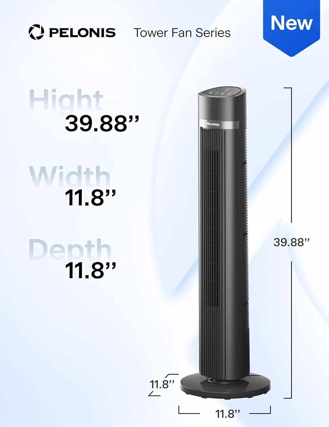 PELONIS 40 inch Bladeless Tower Fan for Bedroom, Standing Fan with Remote Control, 26ft/s, 90 Oscillation, 3 Speed Settings, 27 Db, 3 Modes, 15-Hour Timer, LED Display, Fan that Blows Cold Air, Grey