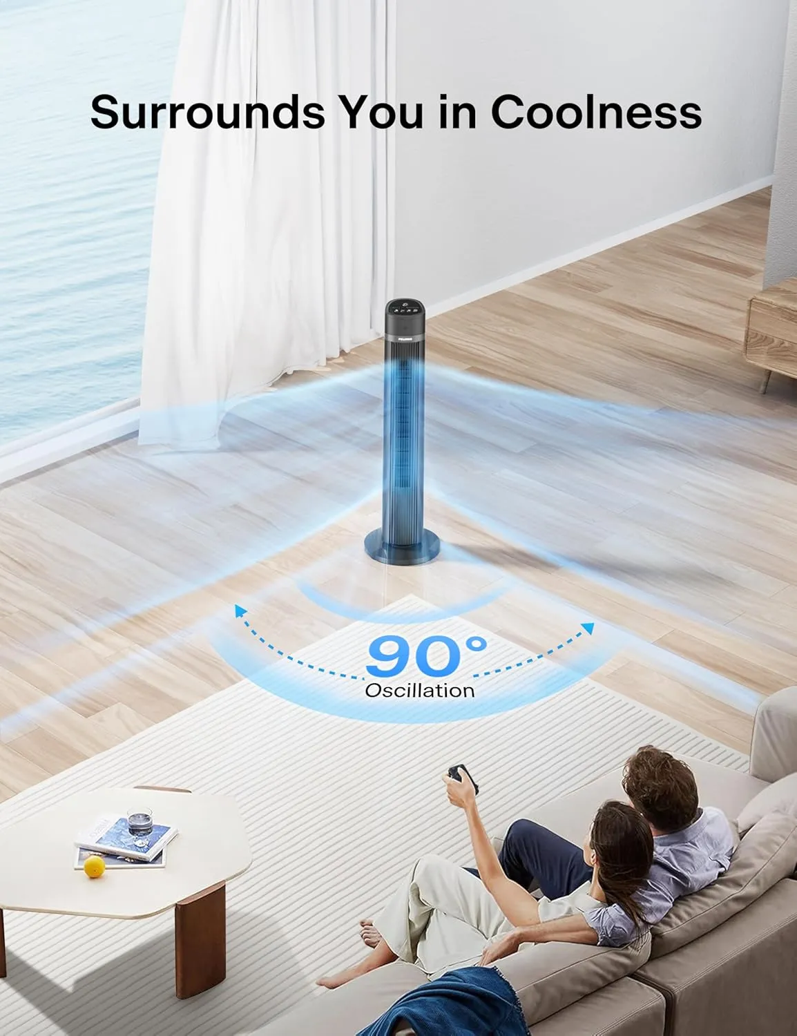 PELONIS 40 inch Bladeless Tower Fan for Bedroom, Standing Fan with Remote Control, 26ft/s, 90 Oscillation, 3 Speed Settings, 27 Db, 3 Modes, 15-Hour Timer, LED Display, Fan that Blows Cold Air, Grey