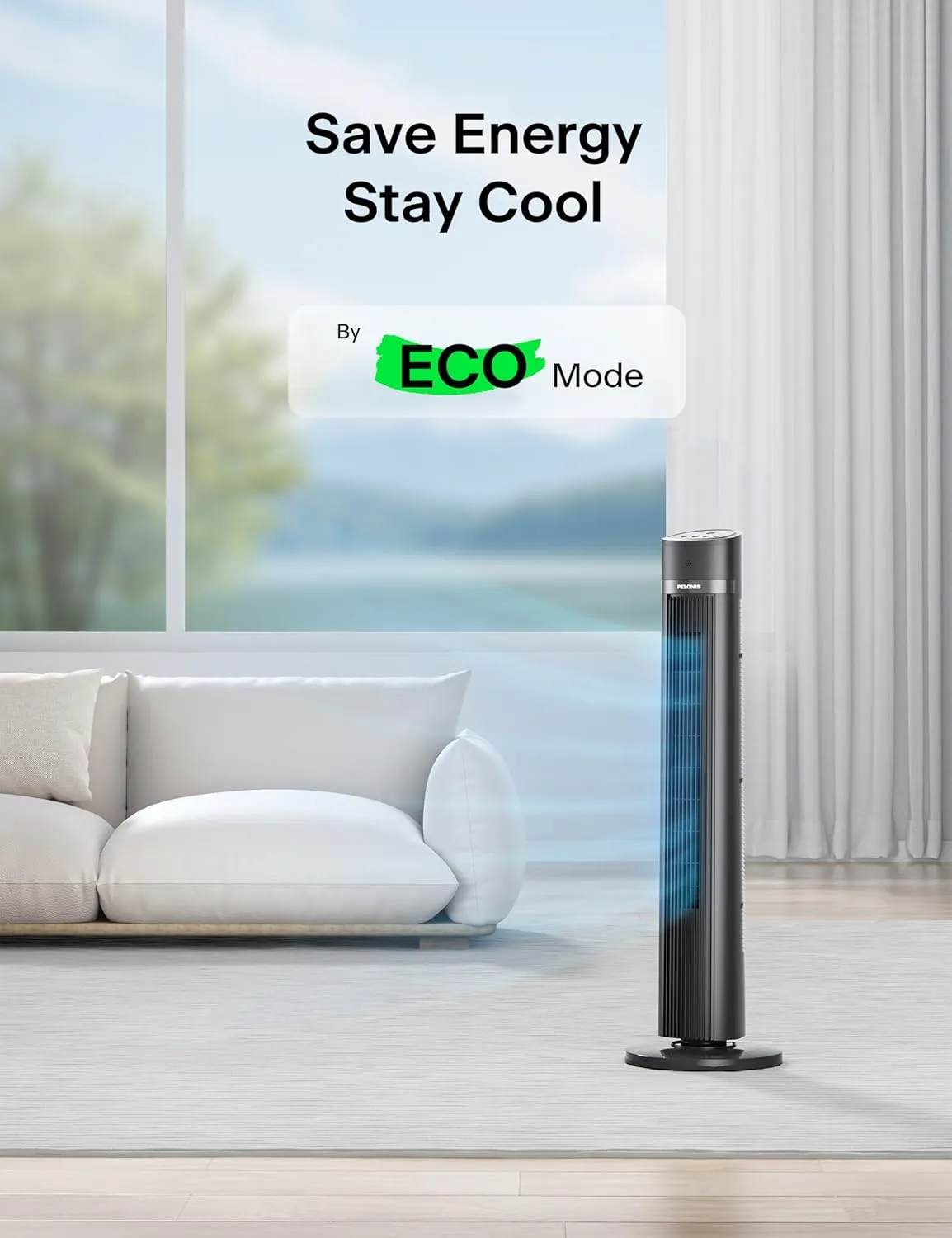 PELONIS 40 inch Bladeless Tower Fan for Bedroom, Standing Fan with Remote Control, 26ft/s, 90 Oscillation, 3 Speed Settings, 27 Db, 3 Modes, 15-Hour Timer, LED Display, Fan that Blows Cold Air, Grey