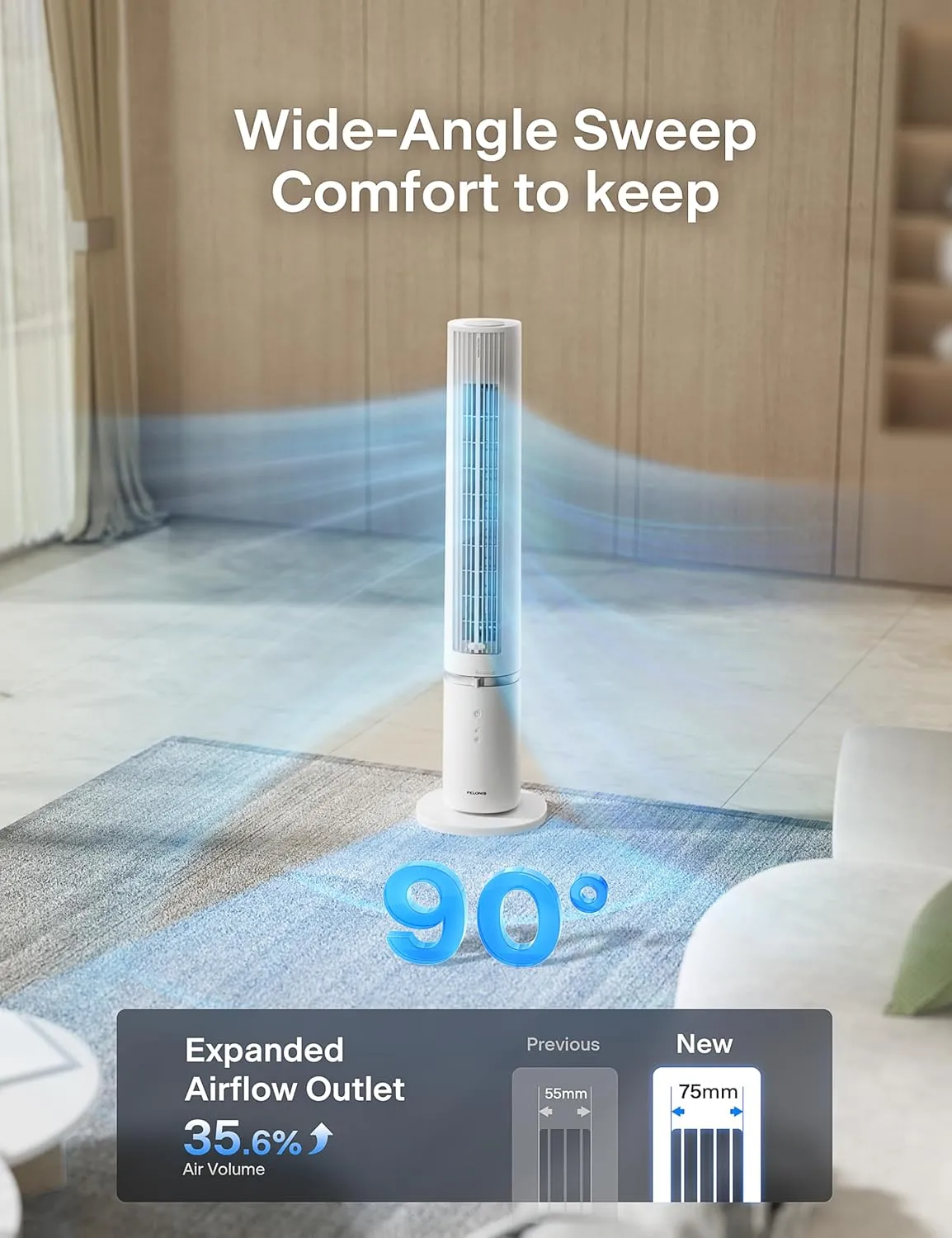 PELONIS 40-Inch Tower Fan for Bedroom, Fan That Blows Cold Air, Oscillating Fan with Innovative Washable Design, 2000 CFM, 28ft/s Airflow, 4 Speeds   2 Modes, 90 Oscillation, 23dB Quiet