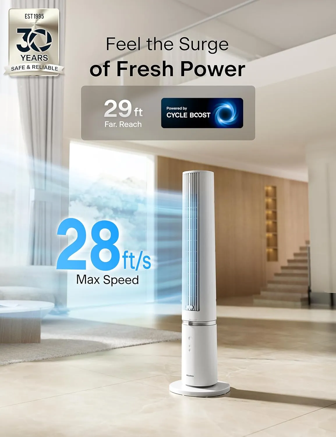 PELONIS 40-Inch Tower Fan for Bedroom, Fan That Blows Cold Air, Oscillating Fan with Innovative Washable Design, 2000 CFM, 28ft/s Airflow, 4 Speeds   2 Modes, 90 Oscillation, 23dB Quiet