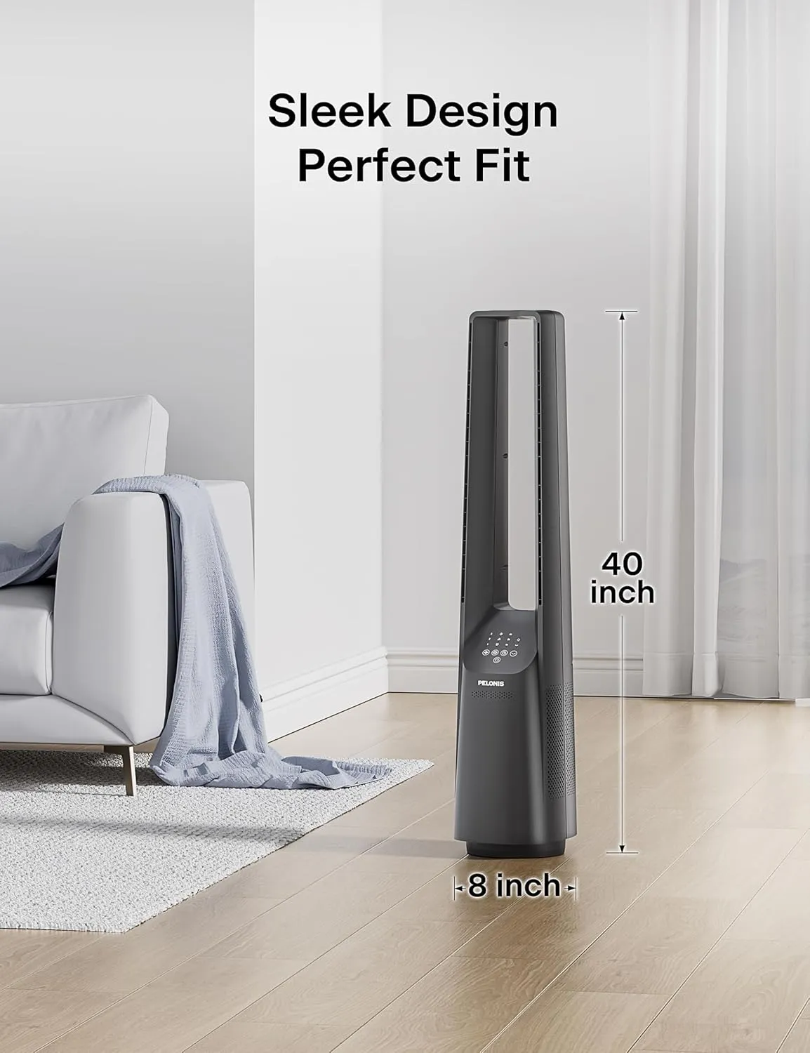 PELONIS 40" Bladeless Tower Fan with Powerful Airflow, Ultra-Quiet DC Motor (22 dB), 6 Speeds, 4 Modes, Remote Control, 7-Hour Timer, 90 Oscillation, Safe Design for Bedroom, Home, Office