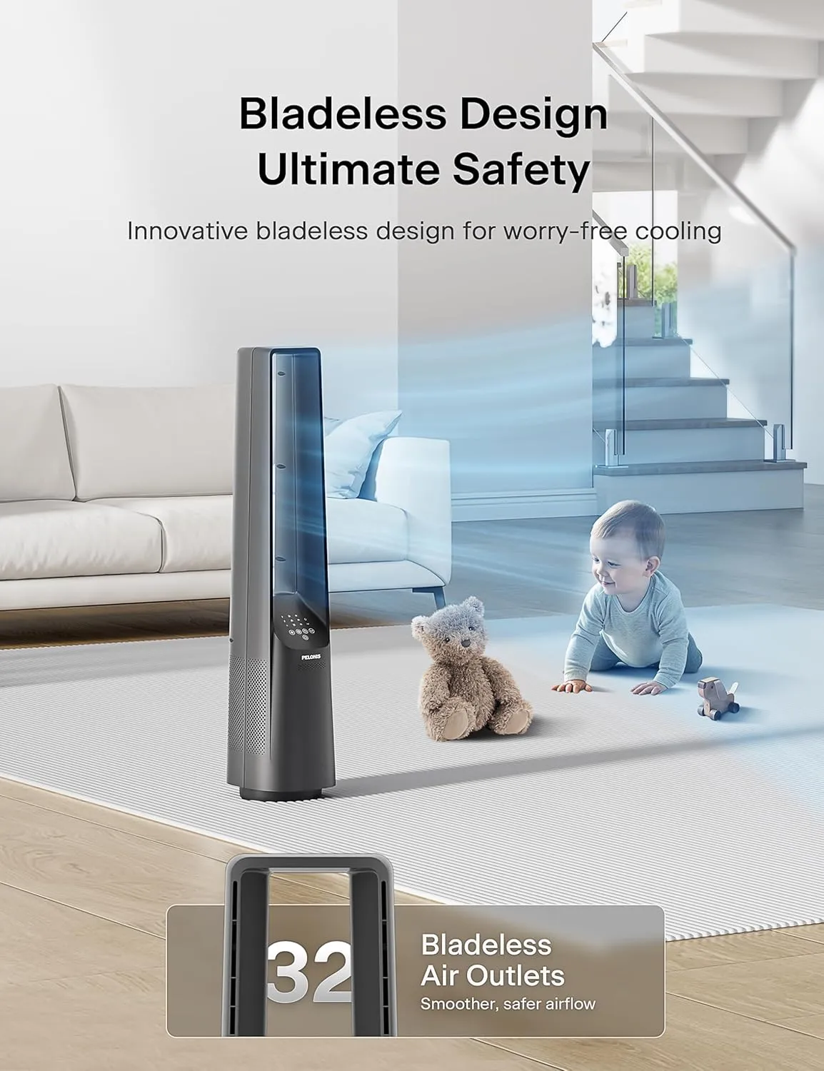 PELONIS 40" Bladeless Tower Fan with Powerful Airflow, Ultra-Quiet DC Motor (22 dB), 6 Speeds, 4 Modes, Remote Control, 7-Hour Timer, 90 Oscillation, Safe Design for Bedroom, Home, Office