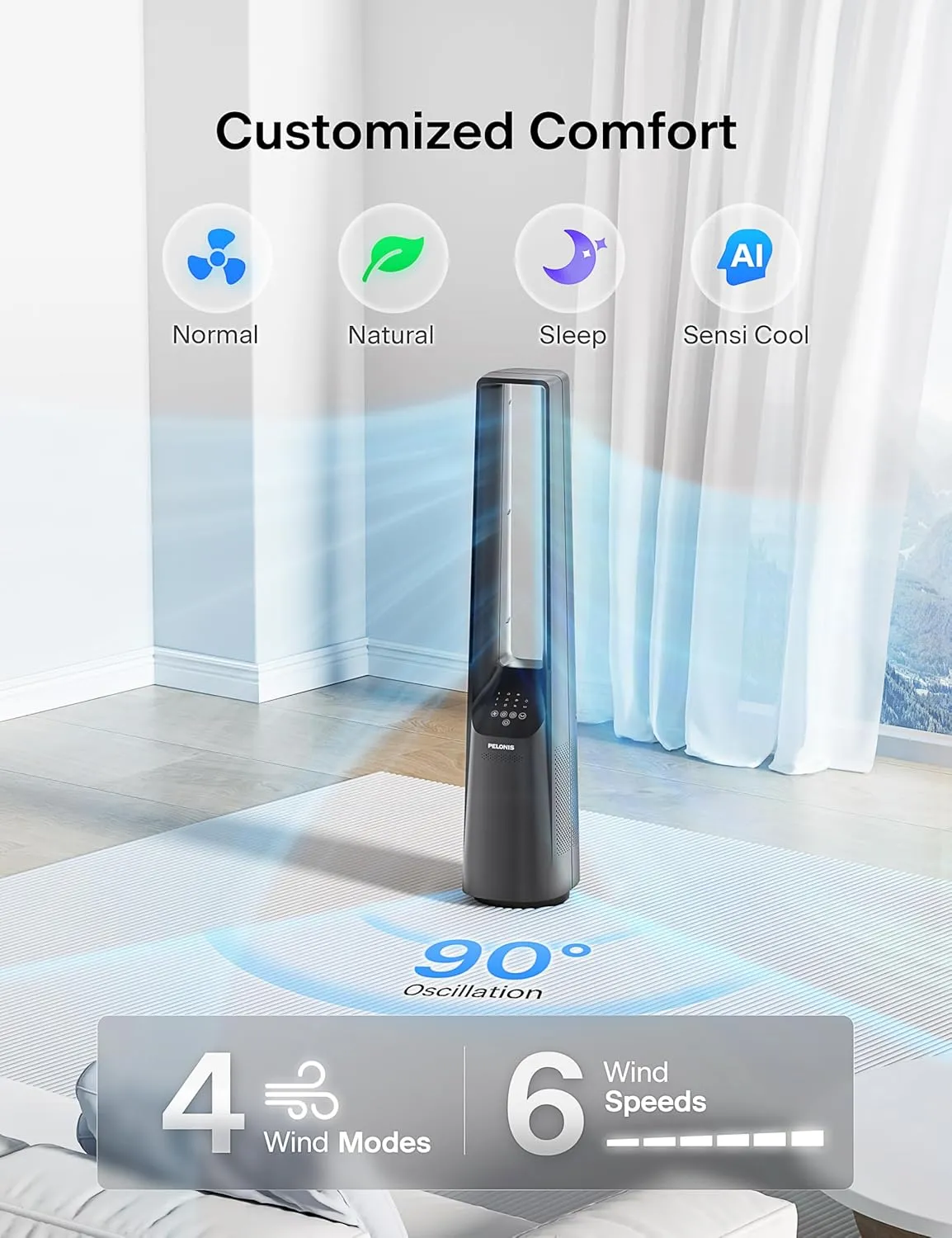 PELONIS 40" Bladeless Tower Fan with Powerful Airflow, Ultra-Quiet DC Motor (22 dB), 6 Speeds, 4 Modes, Remote Control, 7-Hour Timer, 90 Oscillation, Safe Design for Bedroom, Home, Office