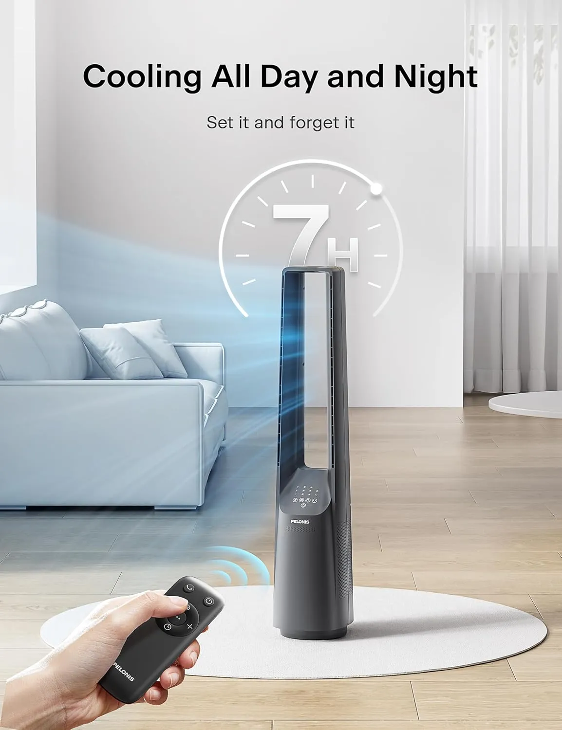 PELONIS 40" Bladeless Tower Fan with Powerful Airflow, Ultra-Quiet DC Motor (22 dB), 6 Speeds, 4 Modes, Remote Control, 7-Hour Timer, 90 Oscillation, Safe Design for Bedroom, Home, Office