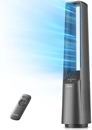 PELONIS 40" Bladeless Tower Fan with Powerful Airflow, Ultra-Quiet DC Motor (22 dB), 6 Speeds, 4 Modes, Remote Control, 7-Hour Timer, 90 Oscillation, Safe Design for Bedroom, Home, Office Small bladeless fan for quiet cooling
