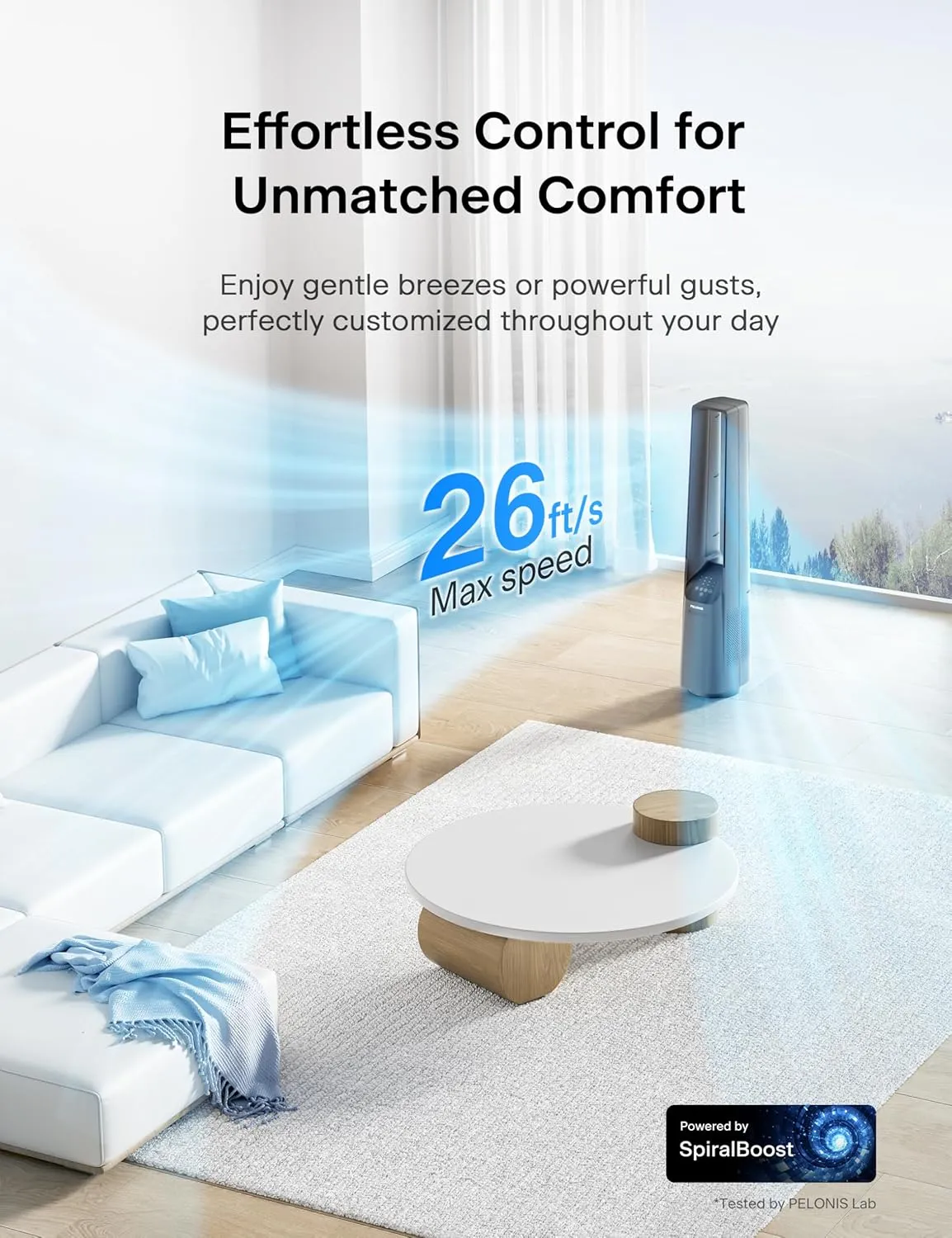 PELONIS 40" Bladeless Tower Fan with Powerful Airflow, Ultra-Quiet DC Motor (22 dB), 6 Speeds, 4 Modes, Remote Control, 7-Hour Timer, 90 Oscillation, Safe Design for Bedroom, Home, Office