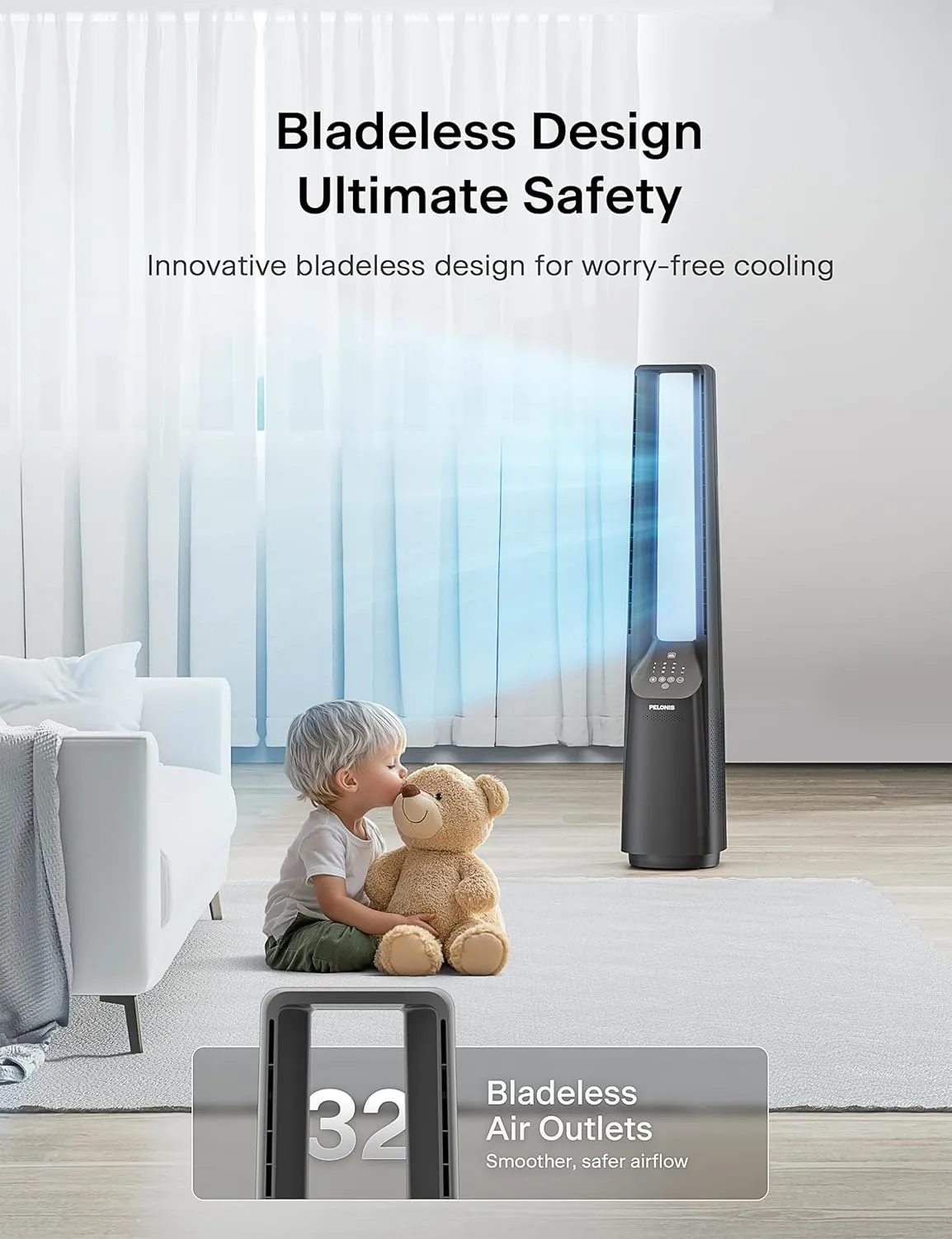 PELONIS 40" Smart Bladeless Tower Fan - Alexa/Google Compatible, 22dB Ultra-Quiet, 6 Speeds, 4 Modes, Remote, 7H Timer, 90 Oscillation, Safe for Home, Office, Bedroom.