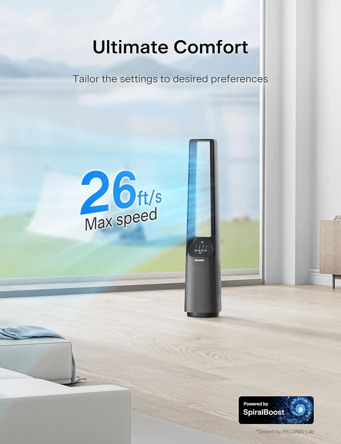 PELONIS 40" Smart Bladeless Tower Fan - Alexa/Google Compatible, 22dB Ultra-Quiet, 6 Speeds, 4 Modes, Remote, 7H Timer, 90 Oscillation, Safe for Home, Office, Bedroom.