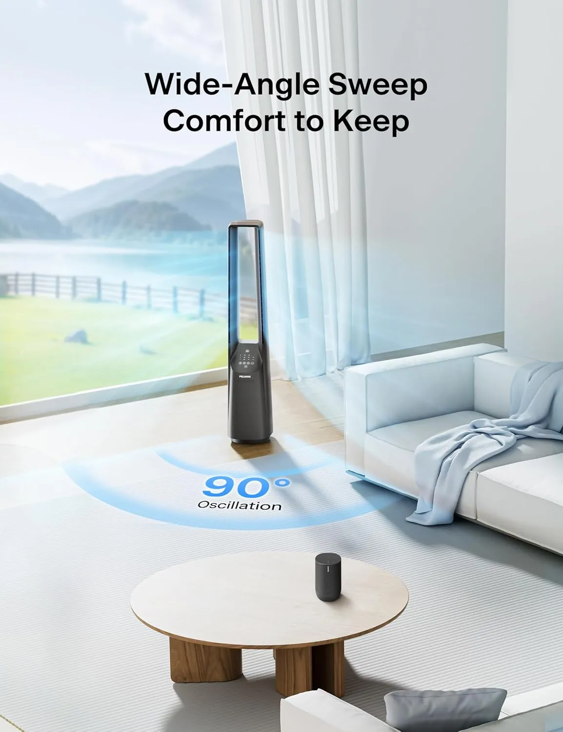 PELONIS 40" Smart Bladeless Tower Fan - Alexa/Google Compatible, 22dB Ultra-Quiet, 6 Speeds, 4 Modes, Remote, 7H Timer, 90 Oscillation, Safe for Home, Office, Bedroom.