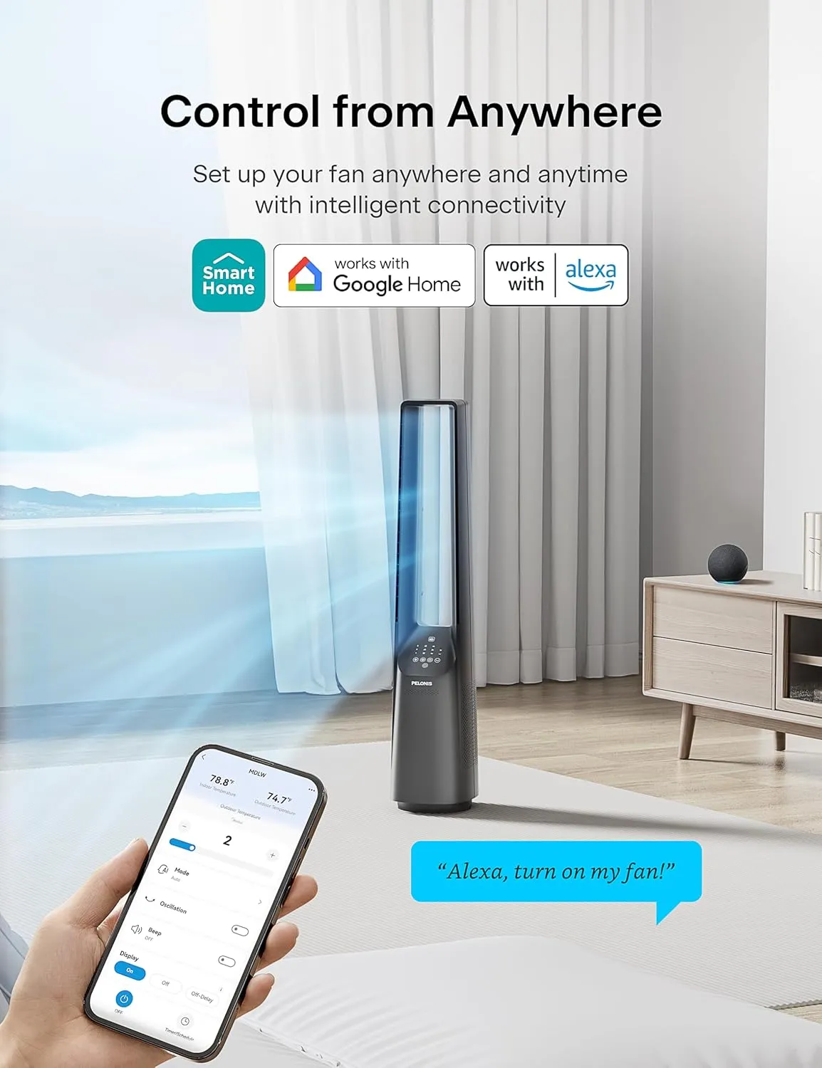 PELONIS 40" Smart Bladeless Tower Fan - Alexa/Google Compatible, 22dB Ultra-Quiet, 6 Speeds, 4 Modes, Remote, 7H Timer, 90 Oscillation, Safe for Home, Office, Bedroom.