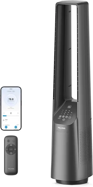 PELONIS 40" Smart Bladeless Tower Fan - Alexa/Google Compatible, 22dB Ultra-Quiet, 6 Speeds, 4 Modes, Remote, 7H Timer, 90 Oscillation, Safe for Home, Office, Bedroom. Tower bladeless fan for modern homes