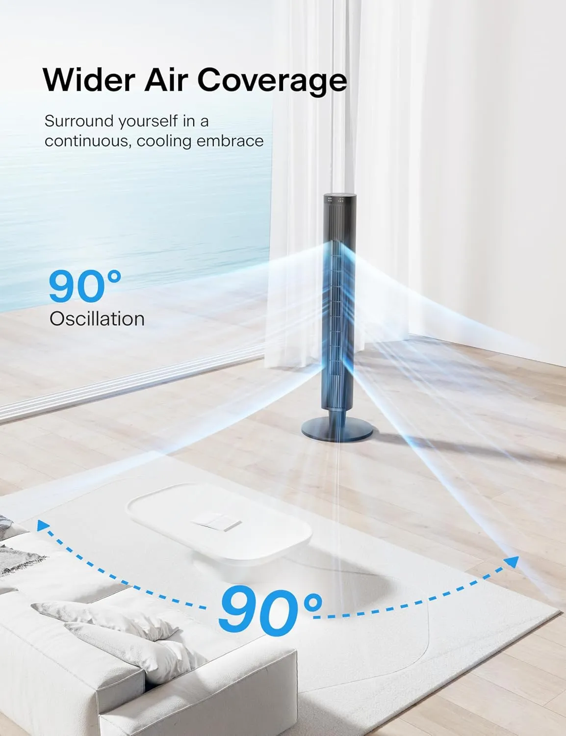 PELONIS 42-Inch Tower Fan for Bedroom  26ft/s, 90 Oscillating Tower Fan with Remote Control, LED Display  Floor Fan for Indoors with 6 Speeds, 4 Modes and 24-Hour Timer  ETL Certified
