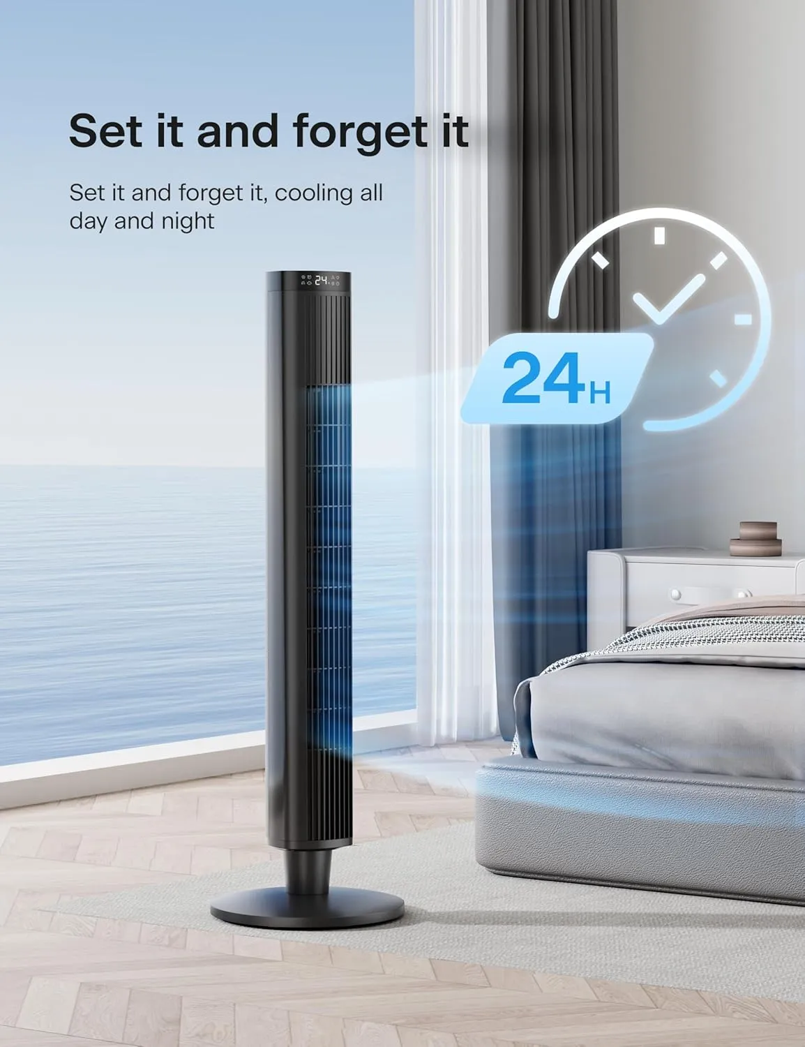PELONIS 42-Inch Tower Fan for Bedroom  26ft/s, 90 Oscillating Tower Fan with Remote Control, LED Display  Floor Fan for Indoors with 6 Speeds, 4 Modes and 24-Hour Timer  ETL Certified