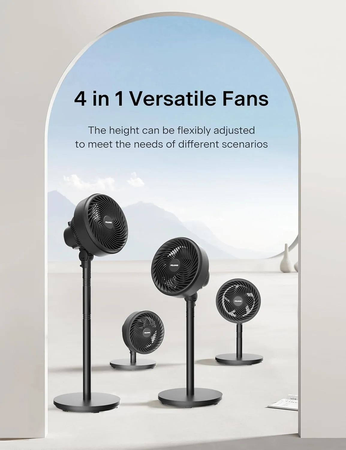 PELONIS 7-Inch Pedestal Air Circulator, Oscillation Fan, 15ft/s, 3 Speeds, Adjustable Height (Tabletop/Standing Fan), 75 90 Oscillation, 5-Blade Quiet Pedestal Fan for Bedroom, Office, Home