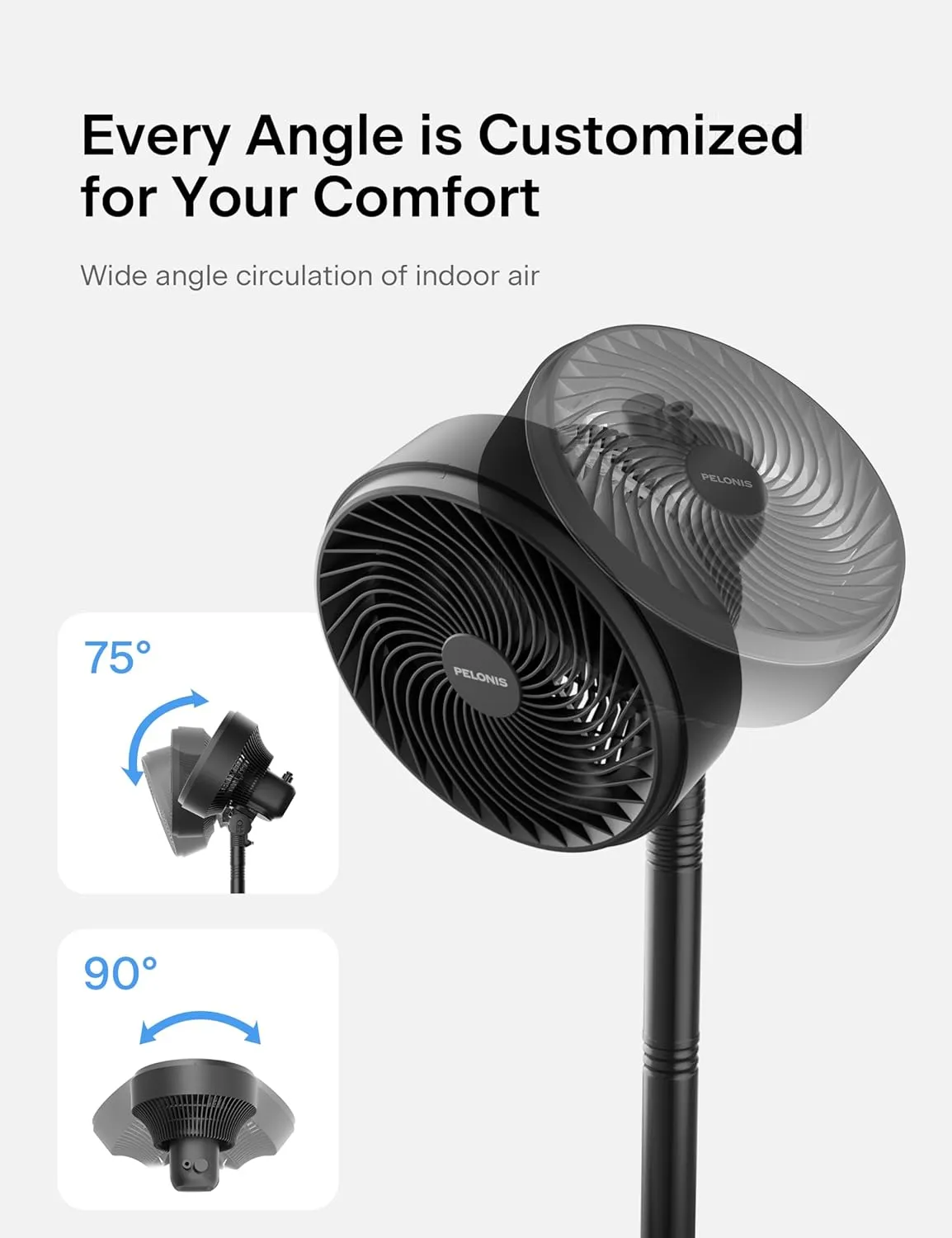PELONIS 7-Inch Pedestal Air Circulator, Oscillation Fan, 15ft/s, 3 Speeds, Adjustable Height (Tabletop/Standing Fan), 75 90 Oscillation, 5-Blade Quiet Pedestal Fan for Bedroom, Office, Home