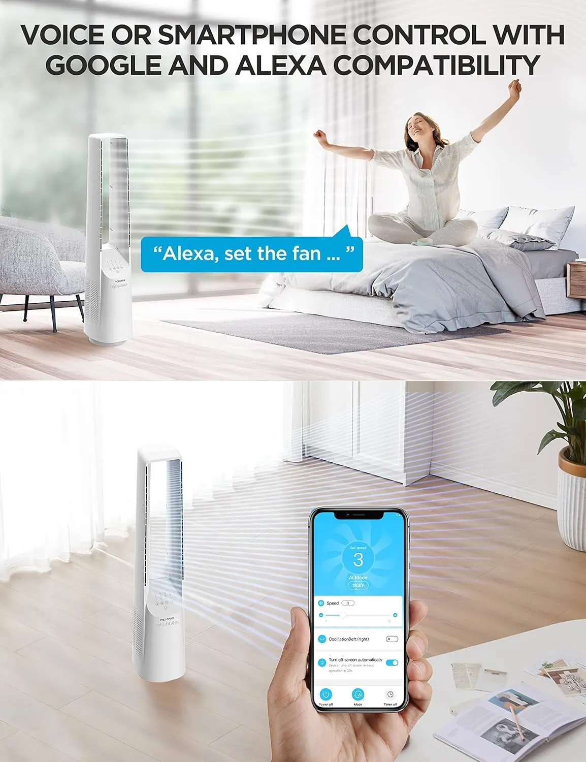 PELONIS Bladeless Tower Fan with 26-33ft Powerful Airflow, Alexa and Google Compatible, 6-Speed Settings, Quiet DC Motor, 120 Oscillation, 7-Hour Timer - Ideal for for Bedroom Home Office Use,White