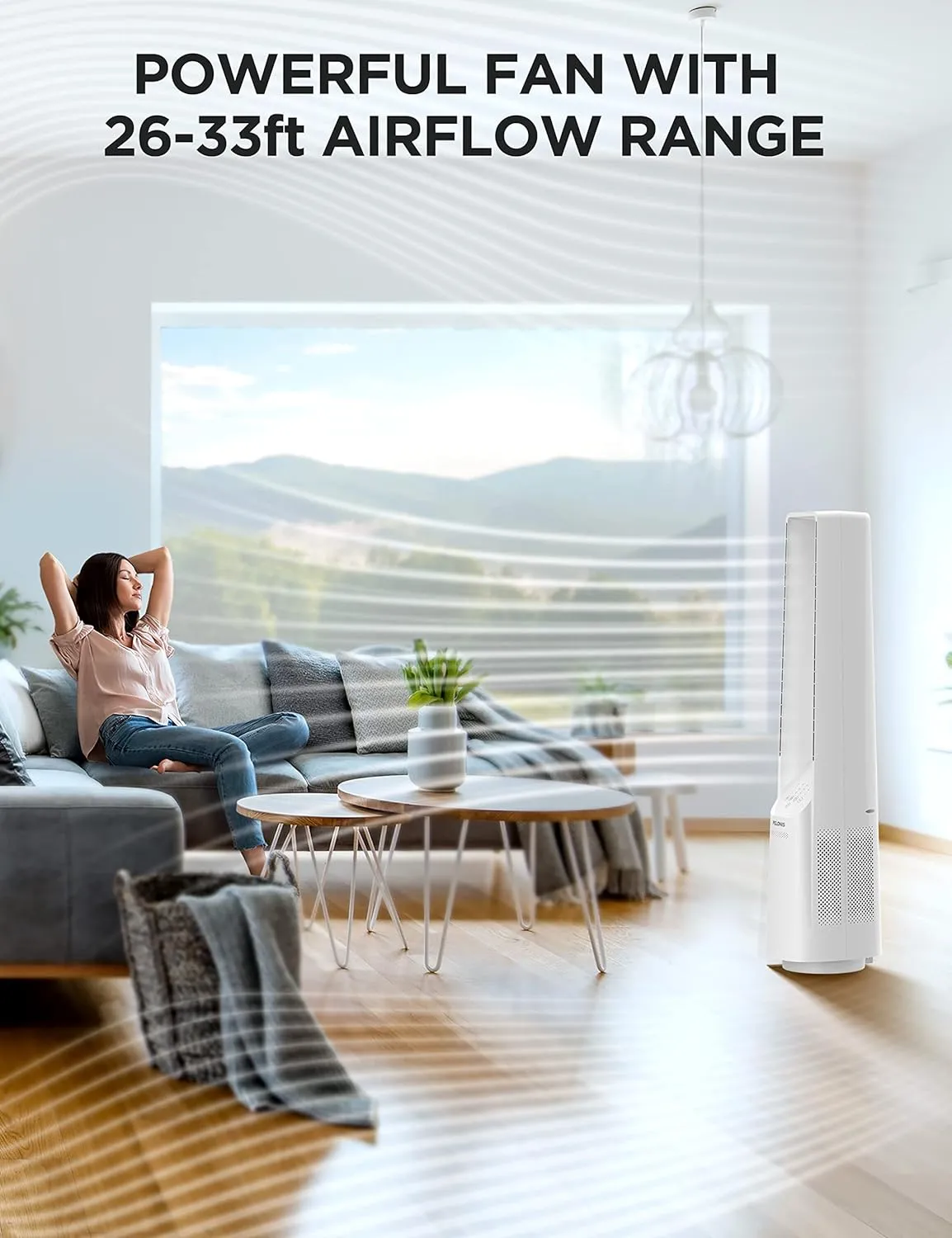 PELONIS Bladeless Tower Fan with 26-33ft Powerful Airflow, Alexa and Google Compatible, 6-Speed Settings, Quiet DC Motor, 120 Oscillation, 7-Hour Timer - Ideal for for Bedroom Home Office Use,White